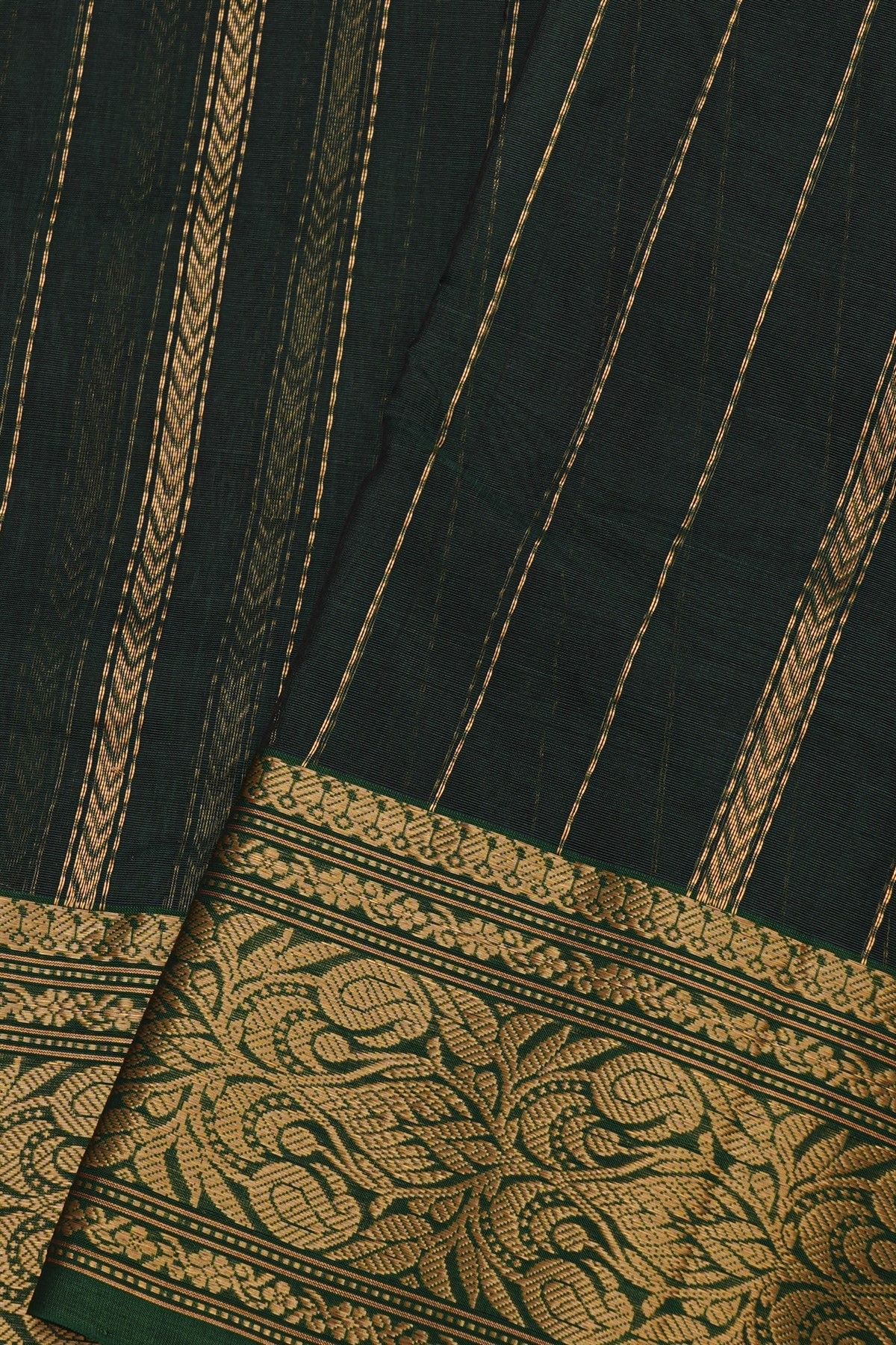 Chanderi Silk Bottle Green Saree With Florals And Leaves Jaal Border