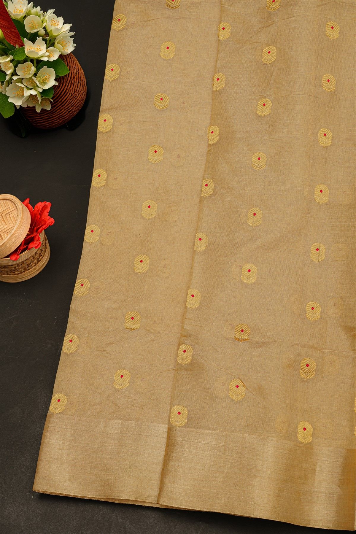 Chanderi Silk Beige Saree With Floral And Buttis Body
