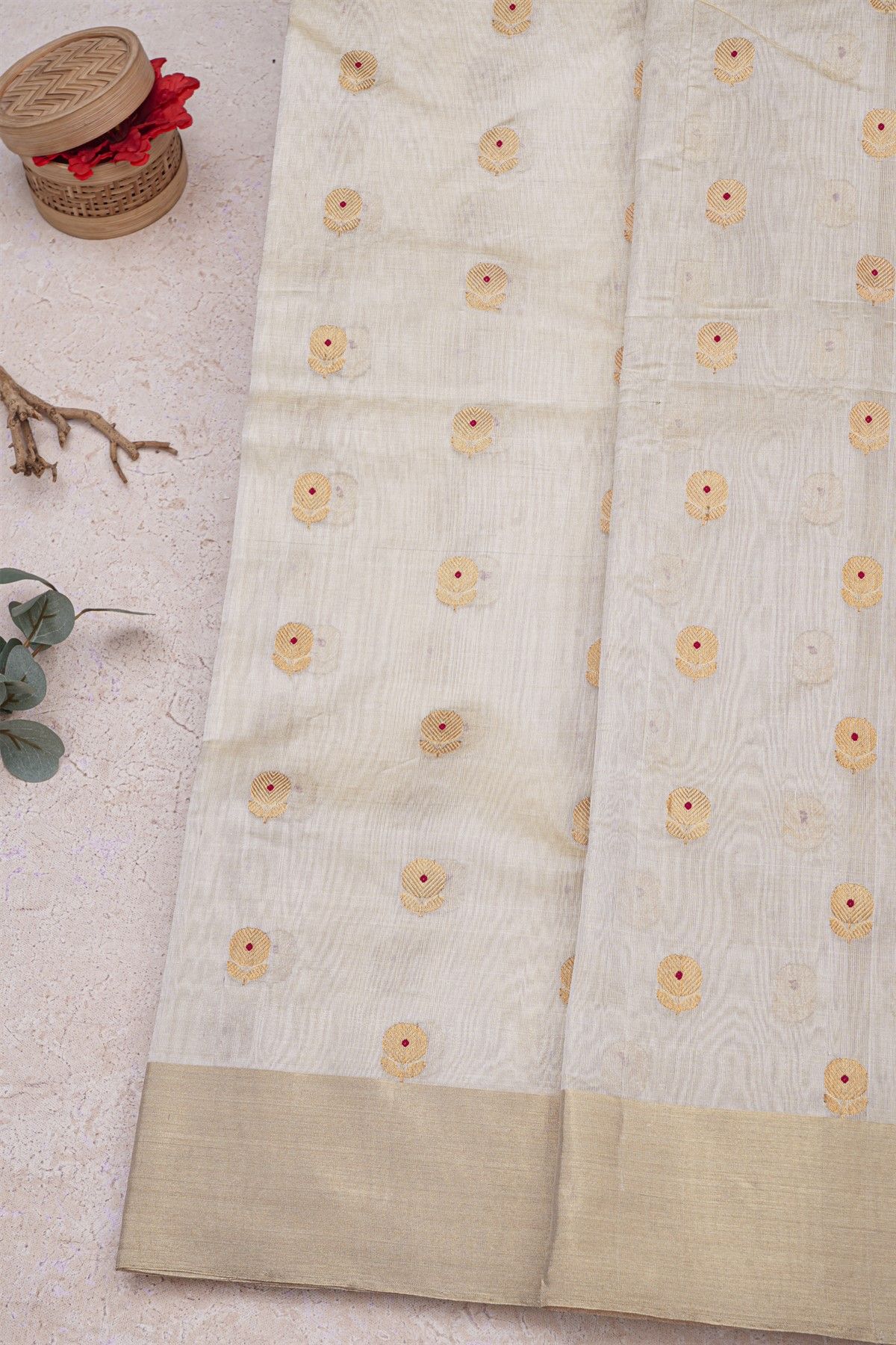 Chanderi Silk Cream Saree With Meenakari Buttis