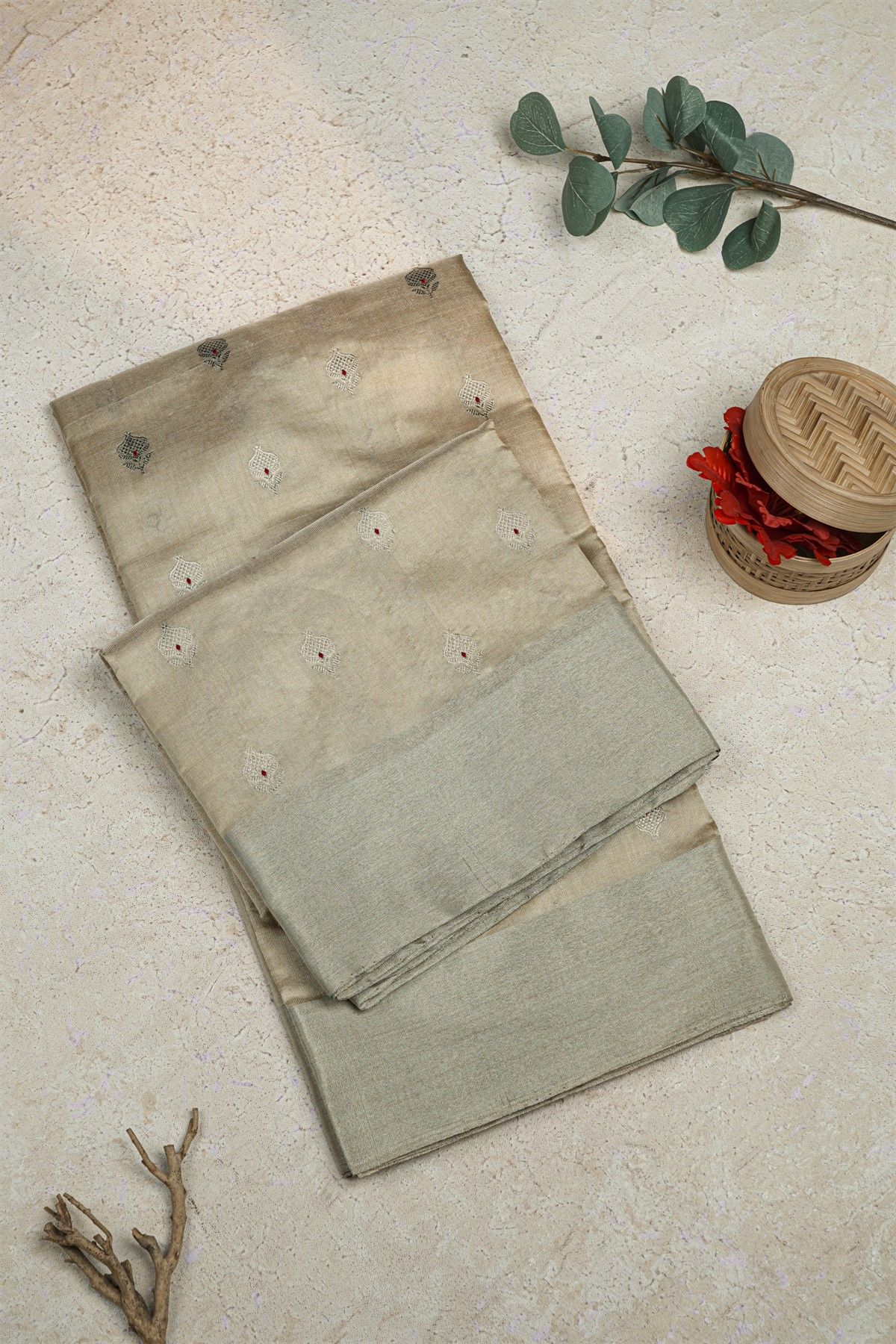 Chanderi Silk Beige Saree With Meenakari Buttis Body