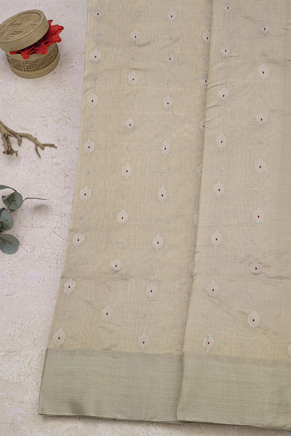 Chanderi Silk Beige Saree With Meenakari Buttis Body