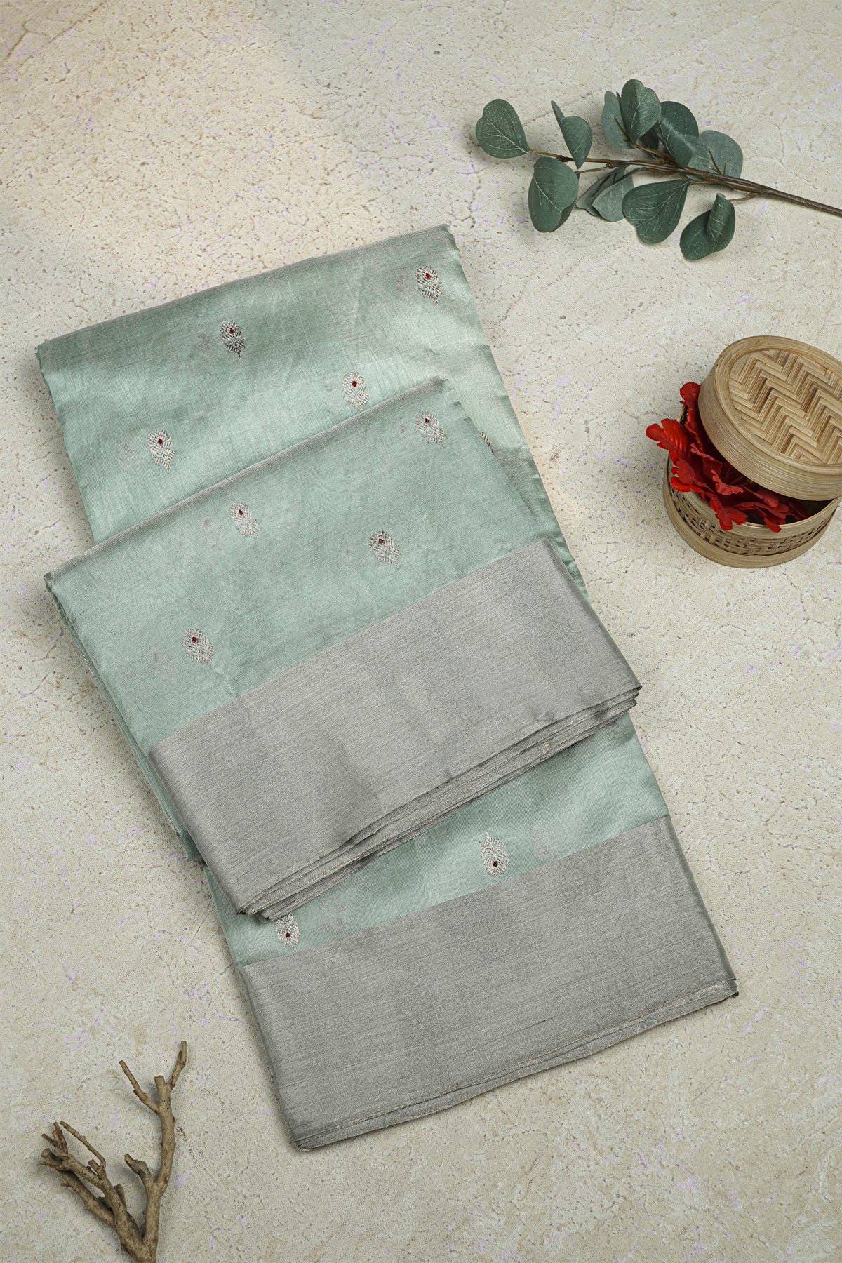 Chanderi Silk Ice Blue Saree With Meenakari Buttis Body