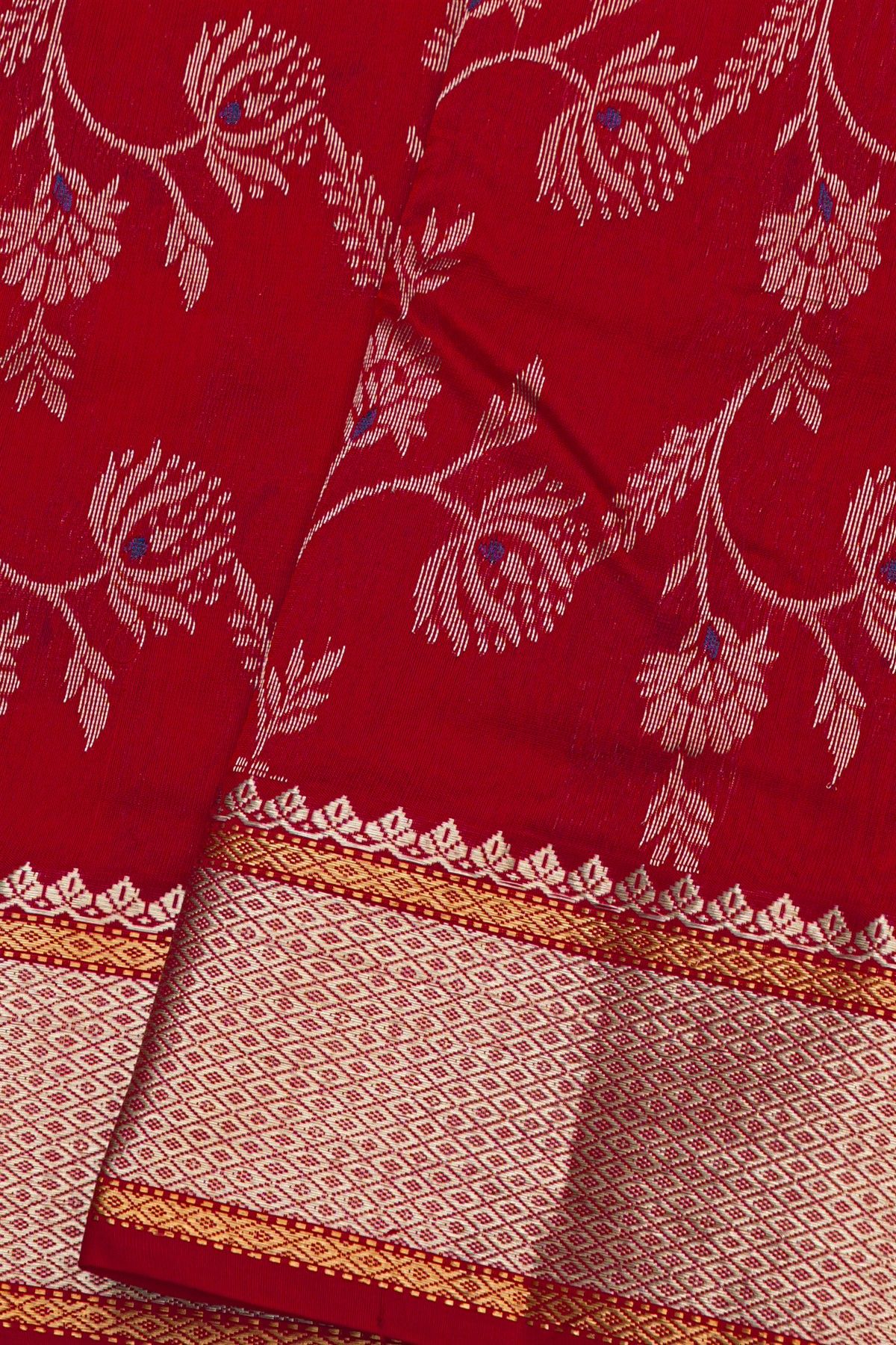 Chanderi Silk Red Saree With Floral And Leaf Jaal Body