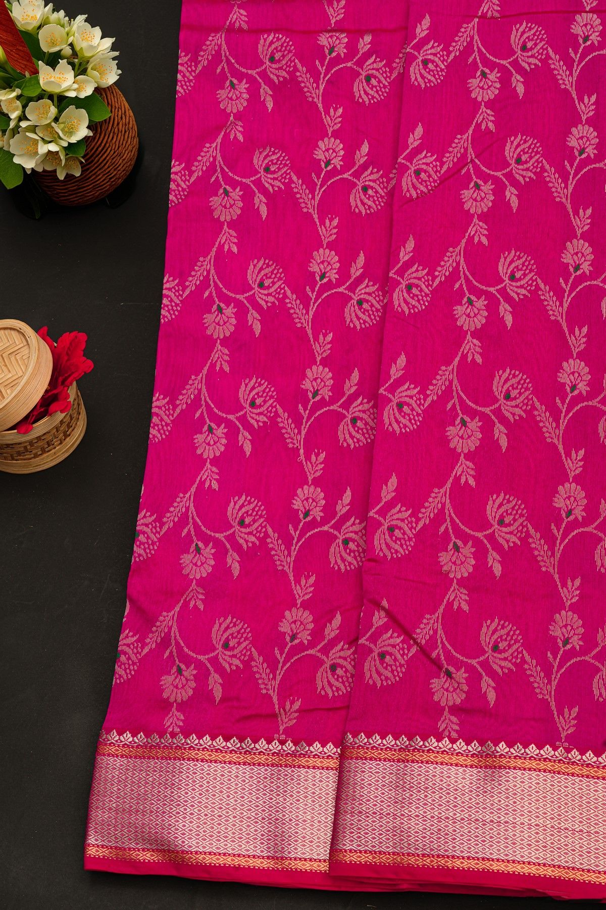 Chanderi Silk Rani Pink Saree With Florals And Diamonds In Zari Border
