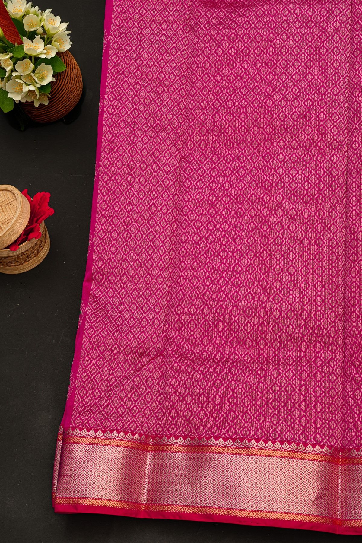Chanderi Silk Rani Pink Saree With Florals And Diamonds In Zari Border