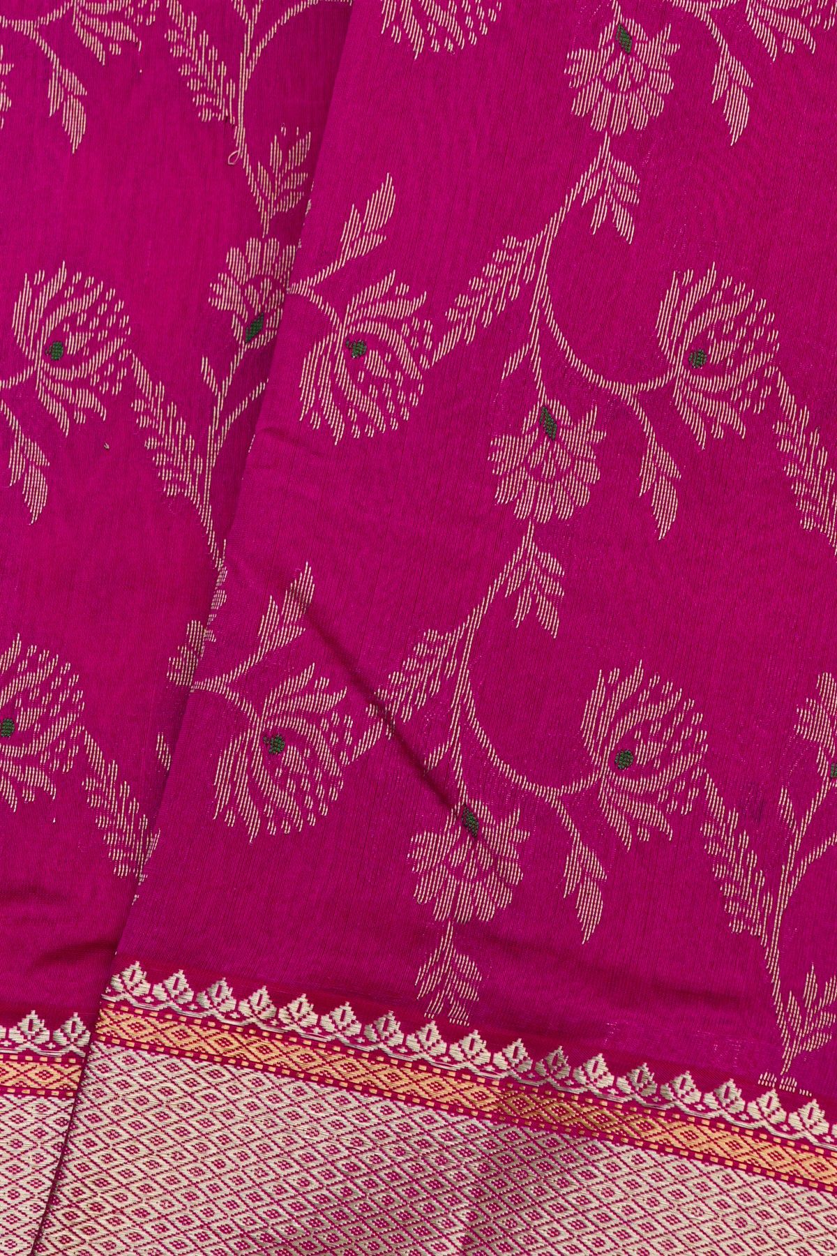 Chanderi Silk Rani Pink Saree With Florals And Diamonds In Zari Border