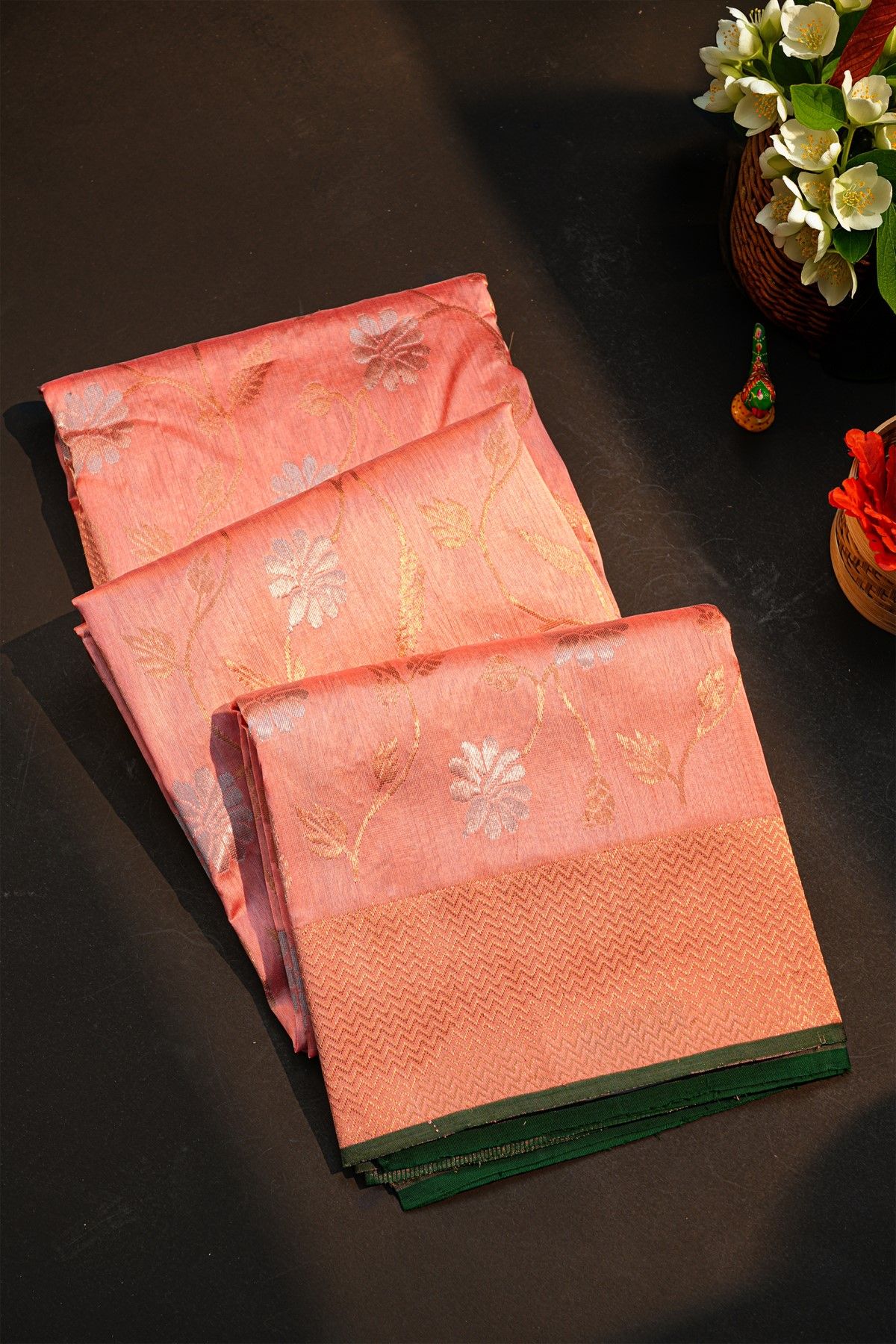 Chanderi Silk Peach Pink Saree With Floral And Leaf Jaal Body