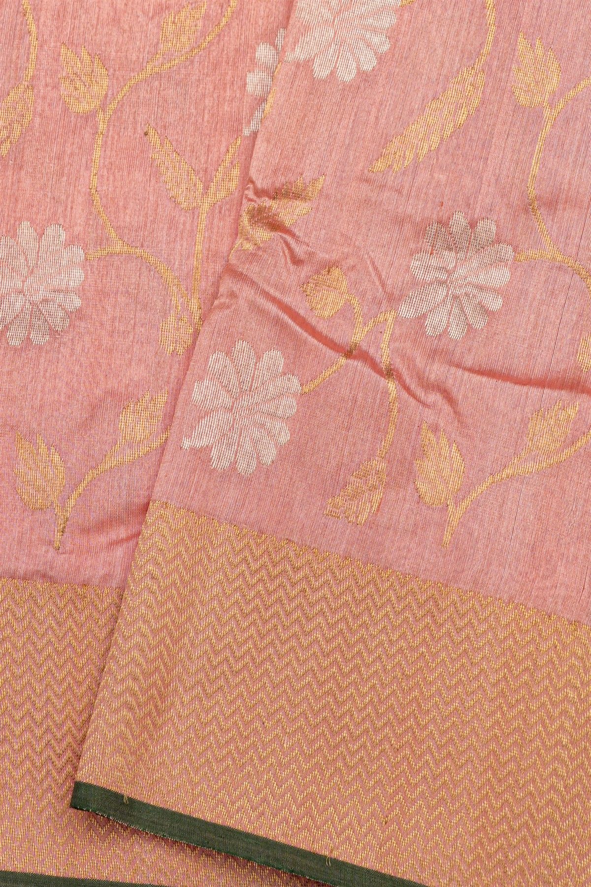Chanderi Silk Peach Pink Saree With Floral And Leaf Jaal Body
