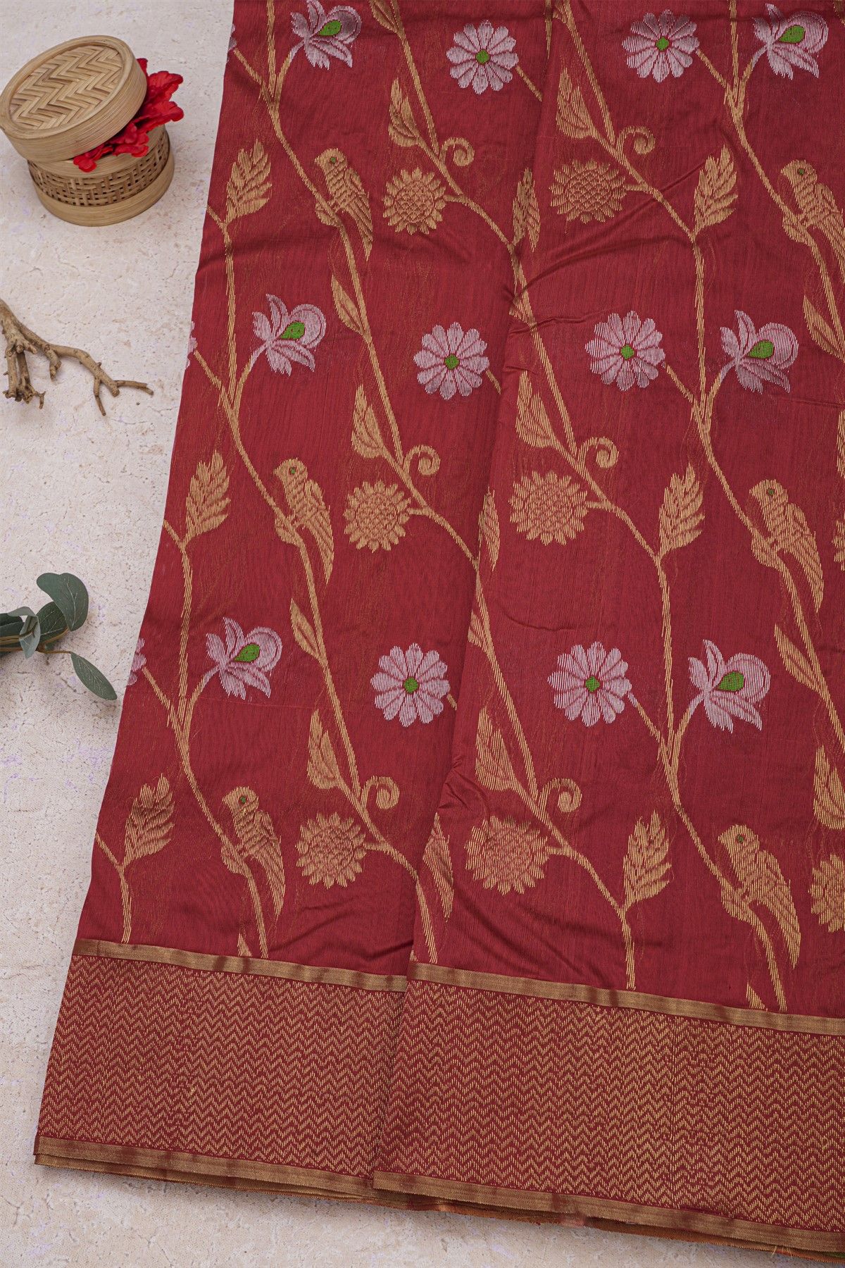 Chanderi Silk Maroon Saree With All Over Florals Jaal Body