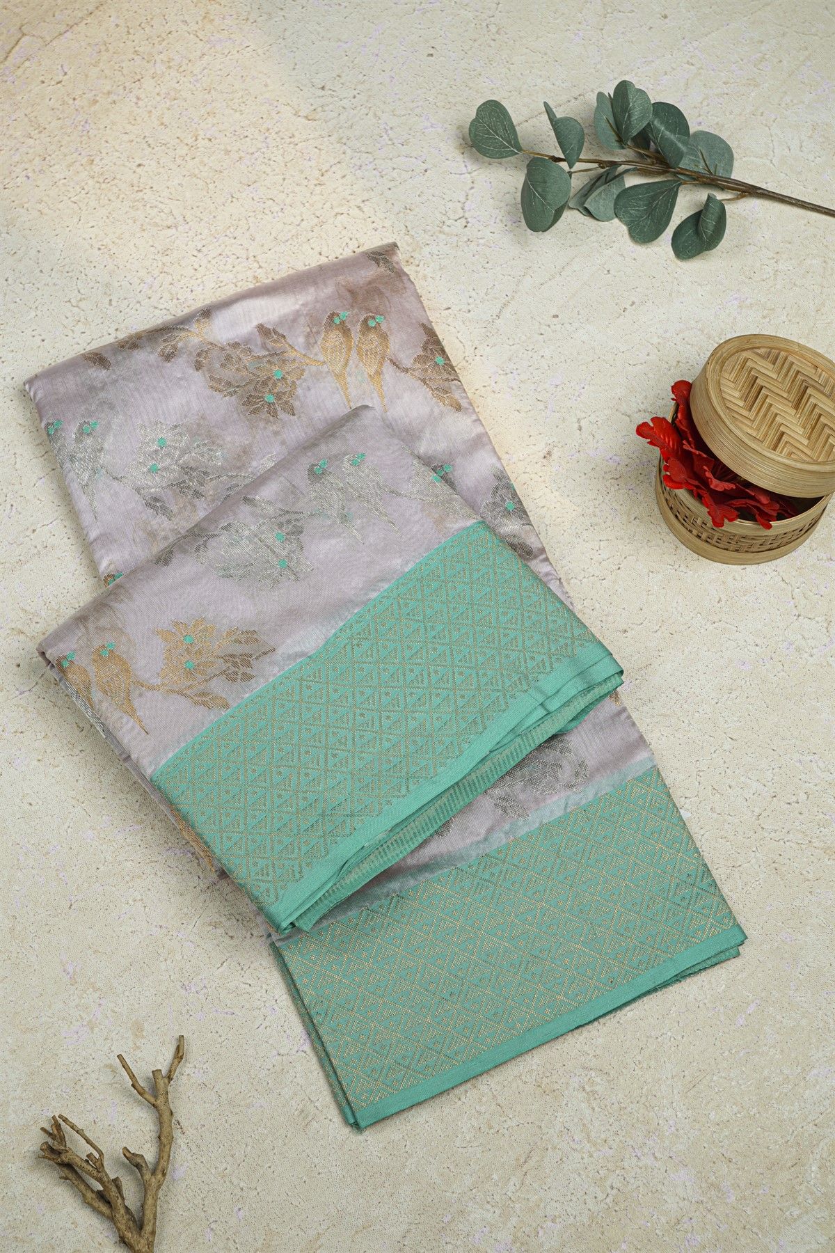 Chanderi Silk Lilac Saree With Florals And Birds In Zari Body