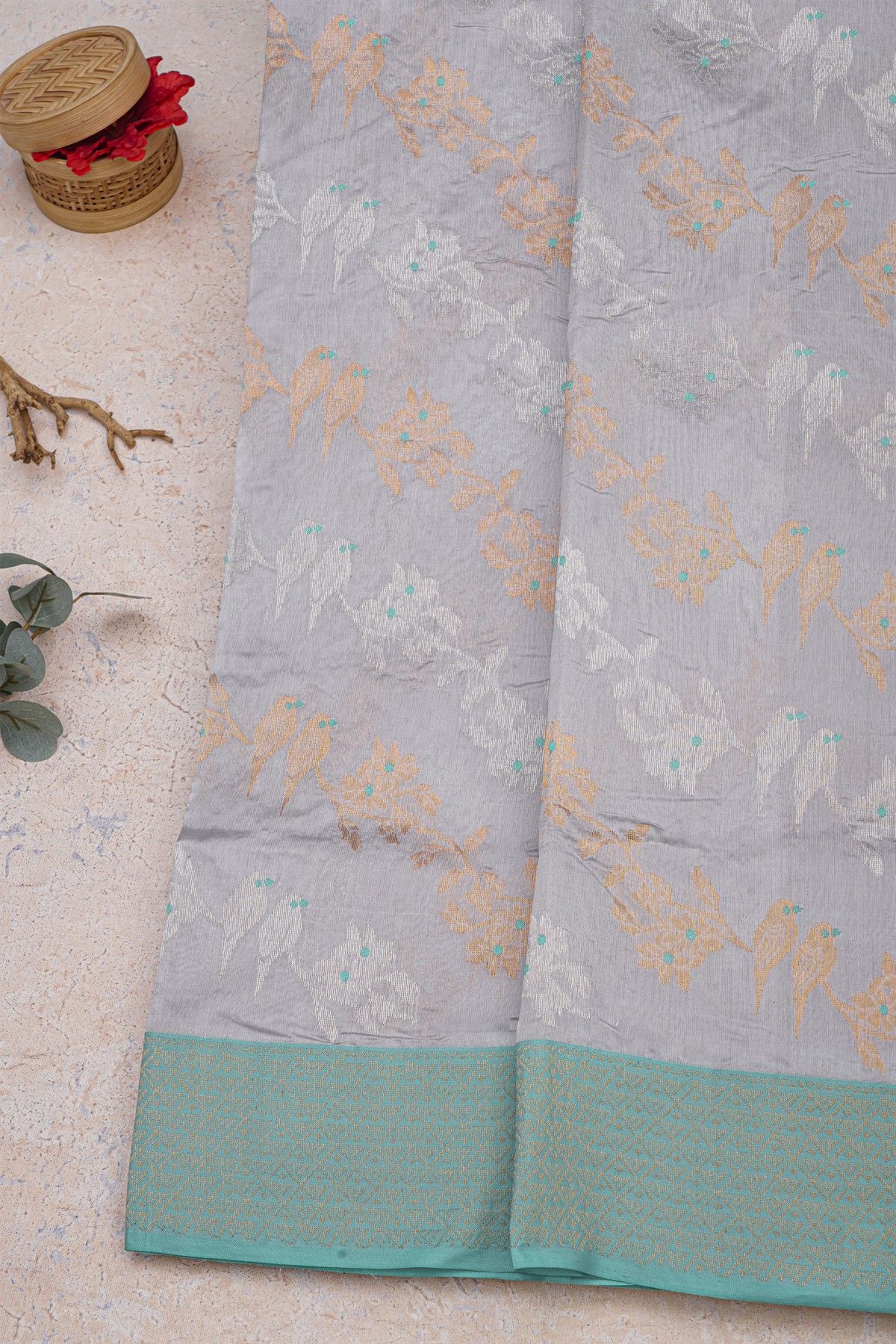 Chanderi Silk Lilac Saree With Florals And Birds In Zari Body