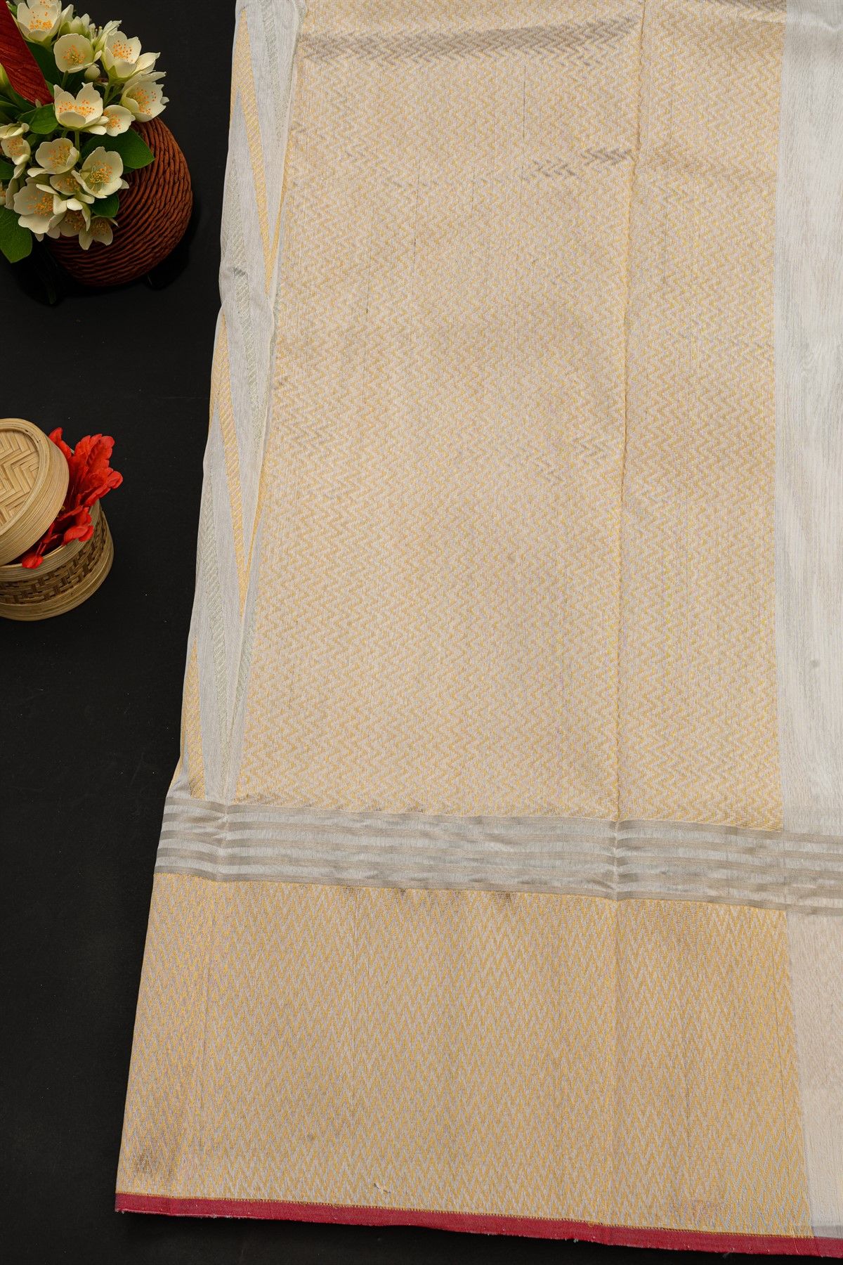 Chanderi Silk Off White Saree With Zig Zag Body