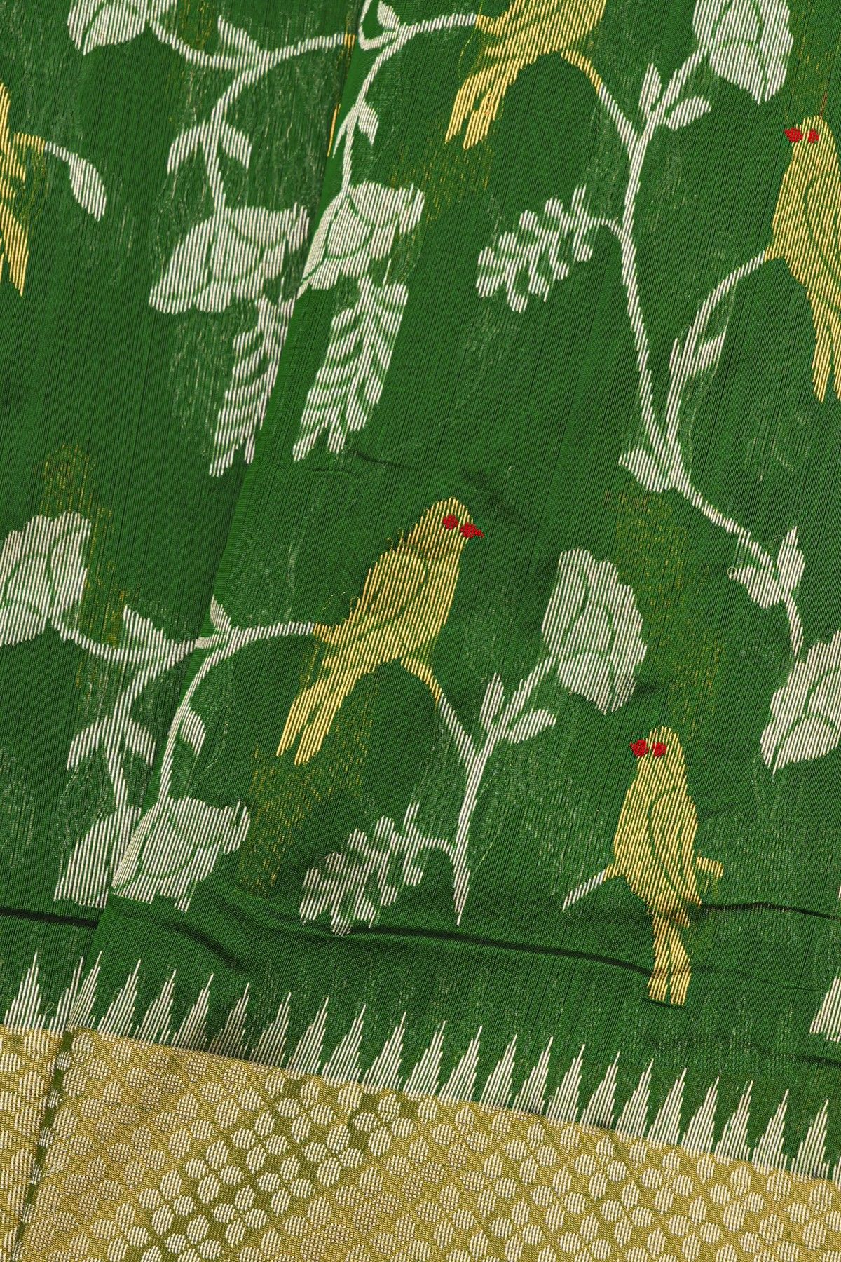 Chanderi Silk Bottle Green Saree With Floral And Leaf Jaal Body