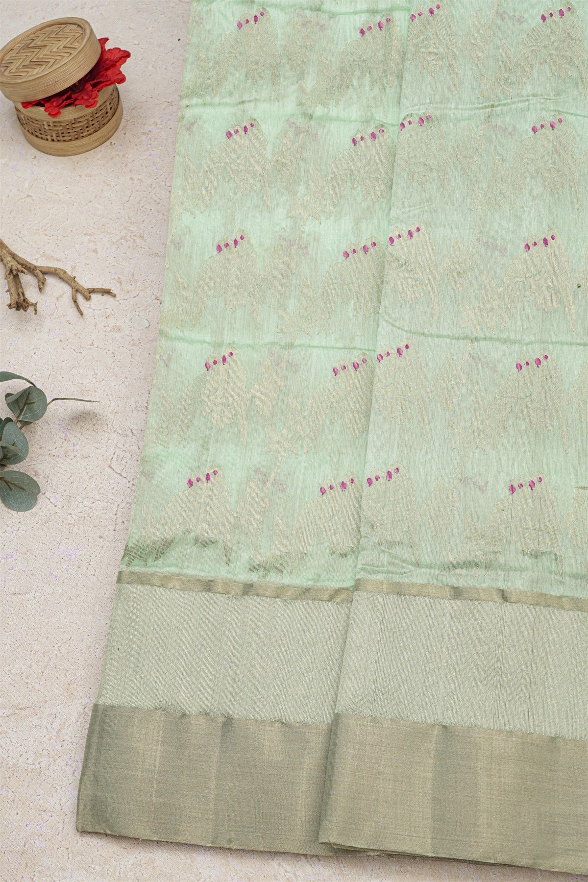 Chanderi Silk Sea Foam Green Saree With Florals Meenakari Body