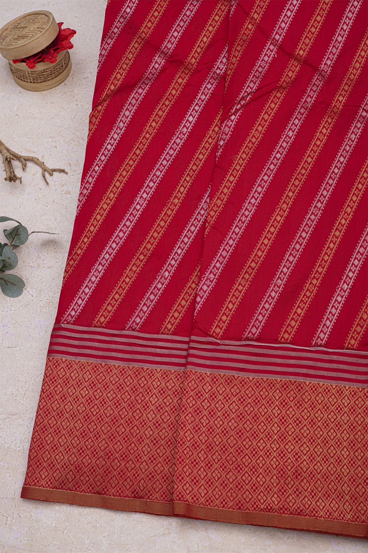 Chanderi Silk Red Saree With Diamonds Border