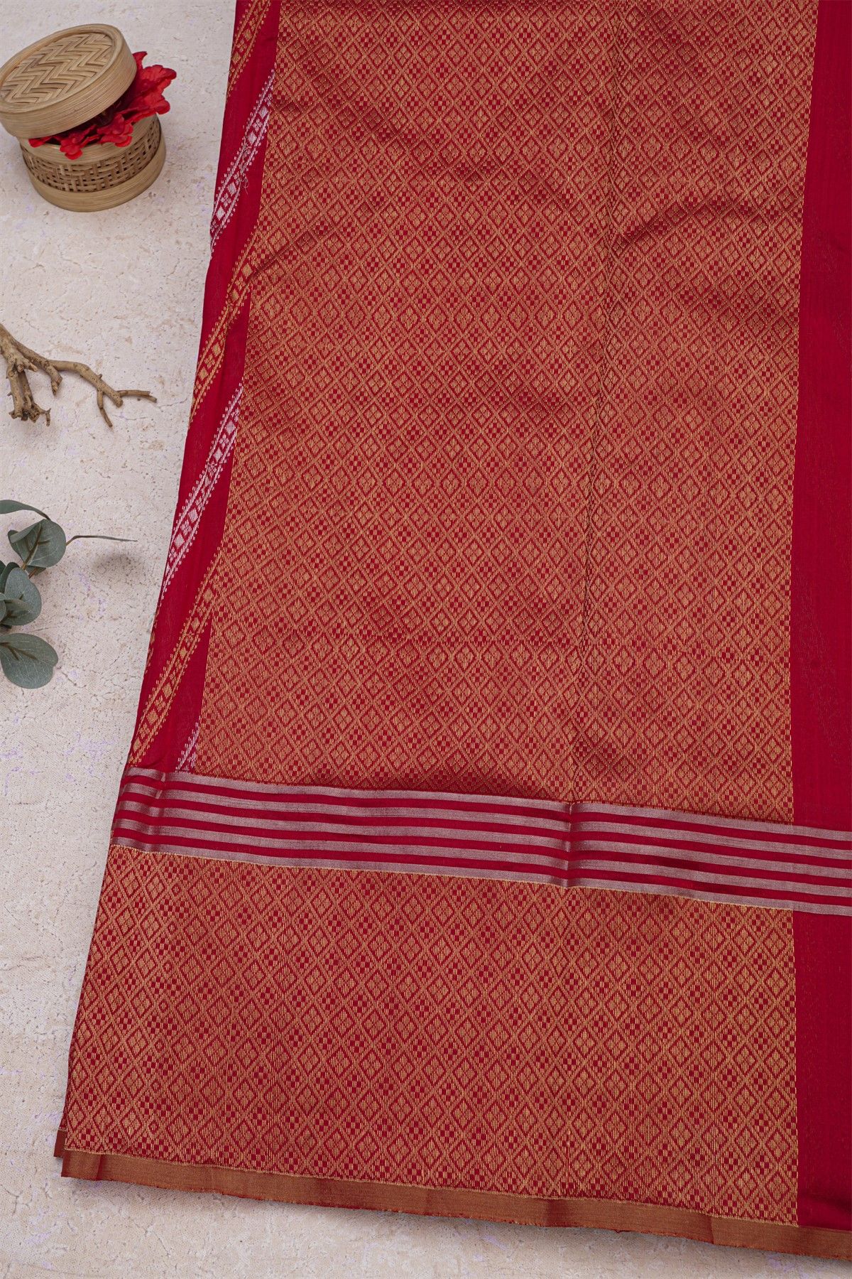 Chanderi Silk Red Saree With Diamonds Border