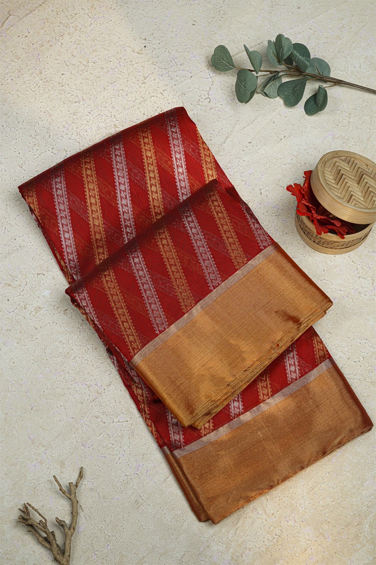 Chanderi Silk Red Saree With Self Kaddi Border