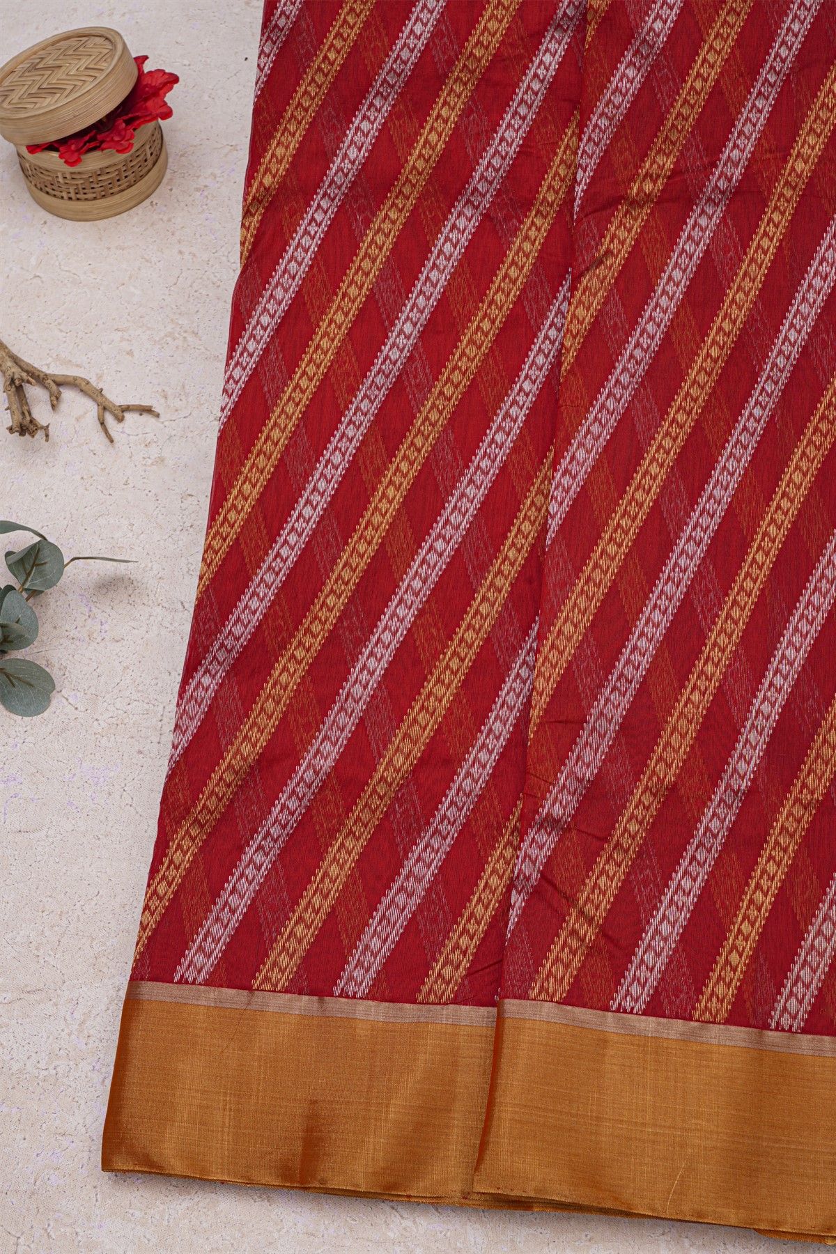 Chanderi Silk Red Saree With Self Kaddi Border