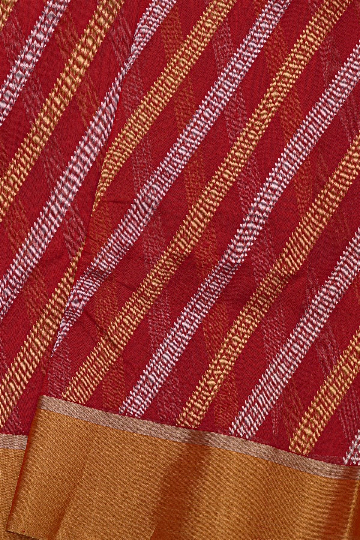 Chanderi Silk Red Saree With Self Kaddi Border