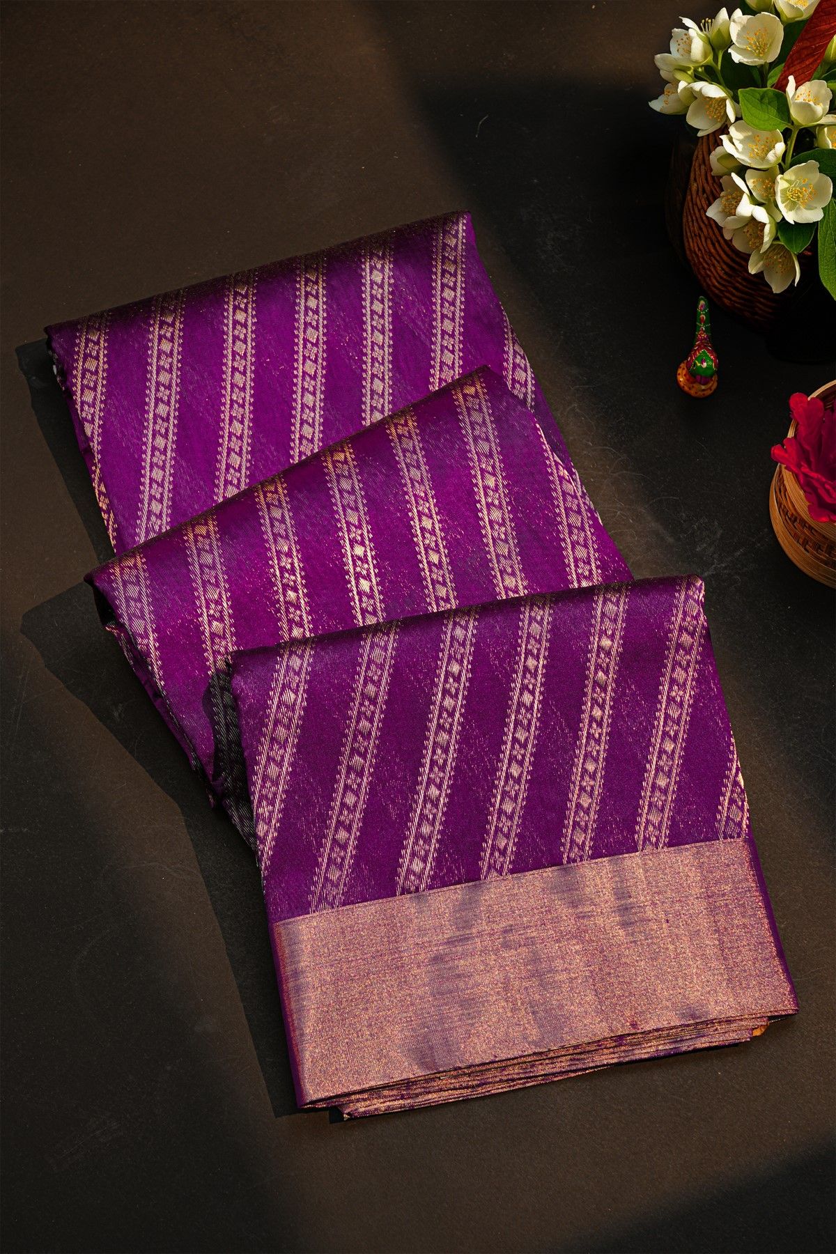 Chanderi Silk Purple Saree With Buttis In Cross Lines Body