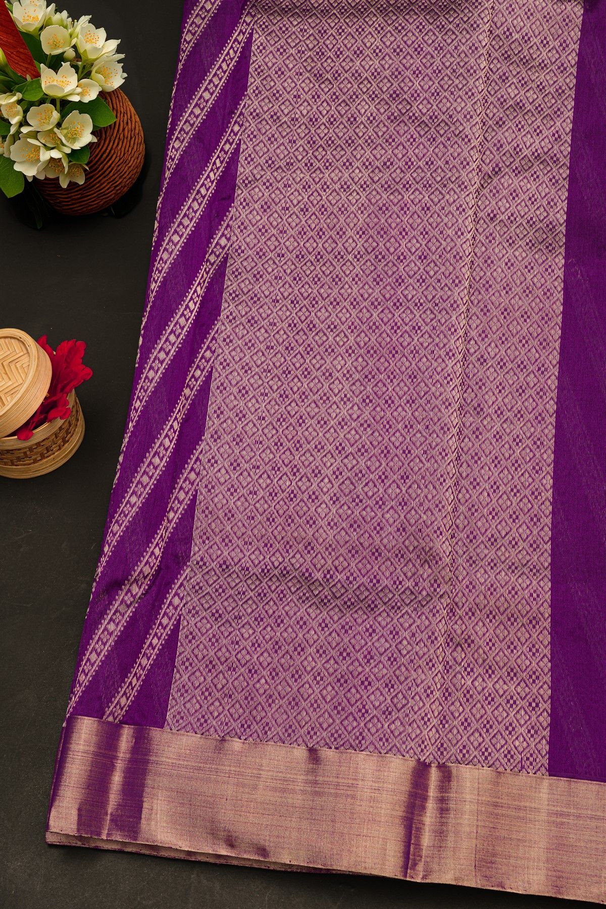 Chanderi Silk Purple Saree With Buttis In Cross Lines Body