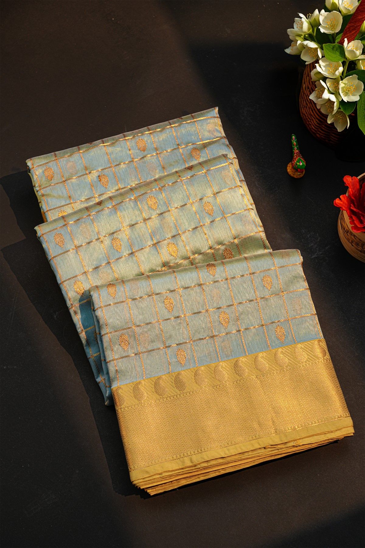 Chanderi Silk Dual Colour Saree With All Over Zari Checks And Floral Butti Body
