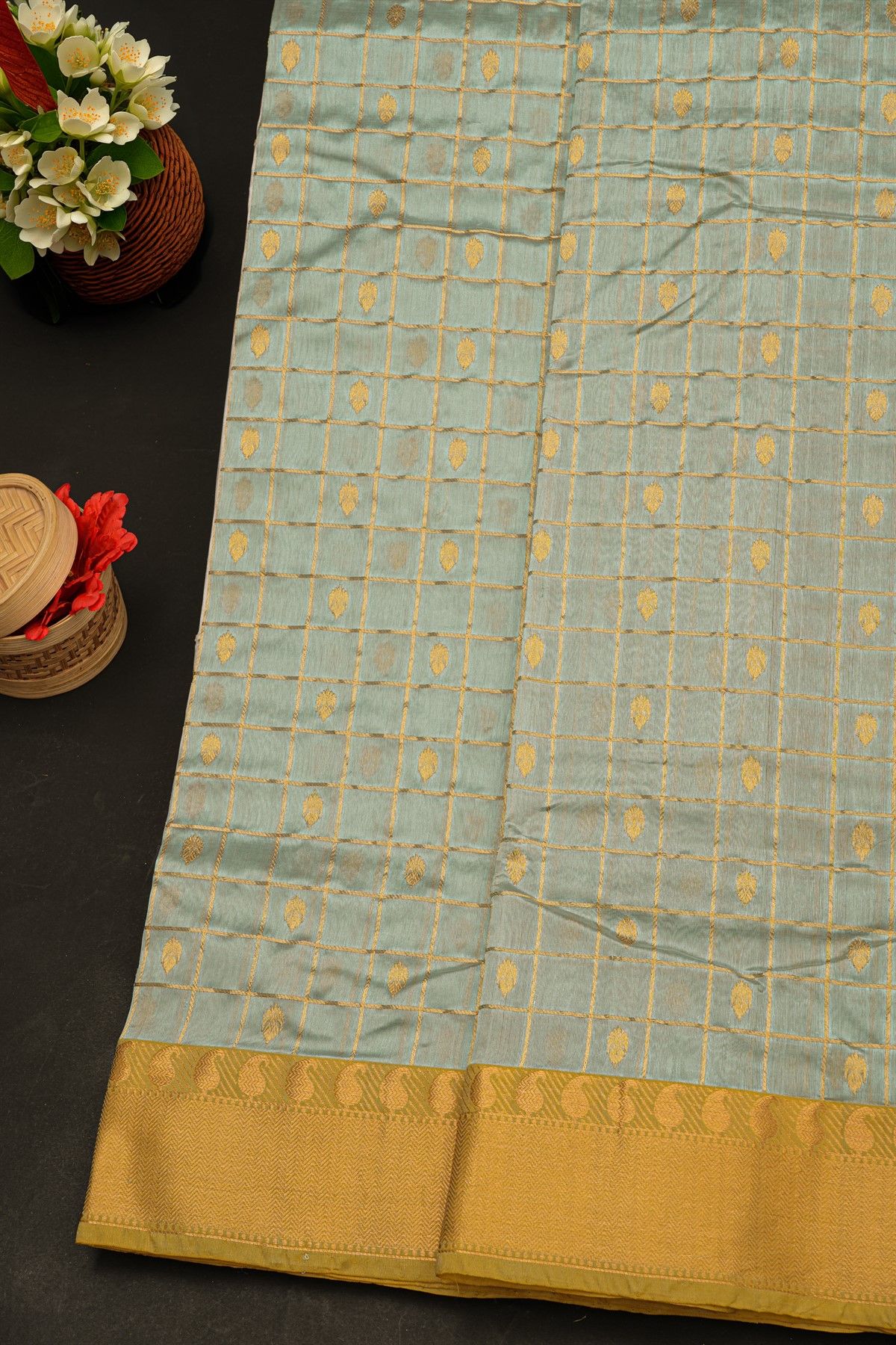 Chanderi Silk Dual Colour Saree With All Over Zari Checks And Floral Butti Body