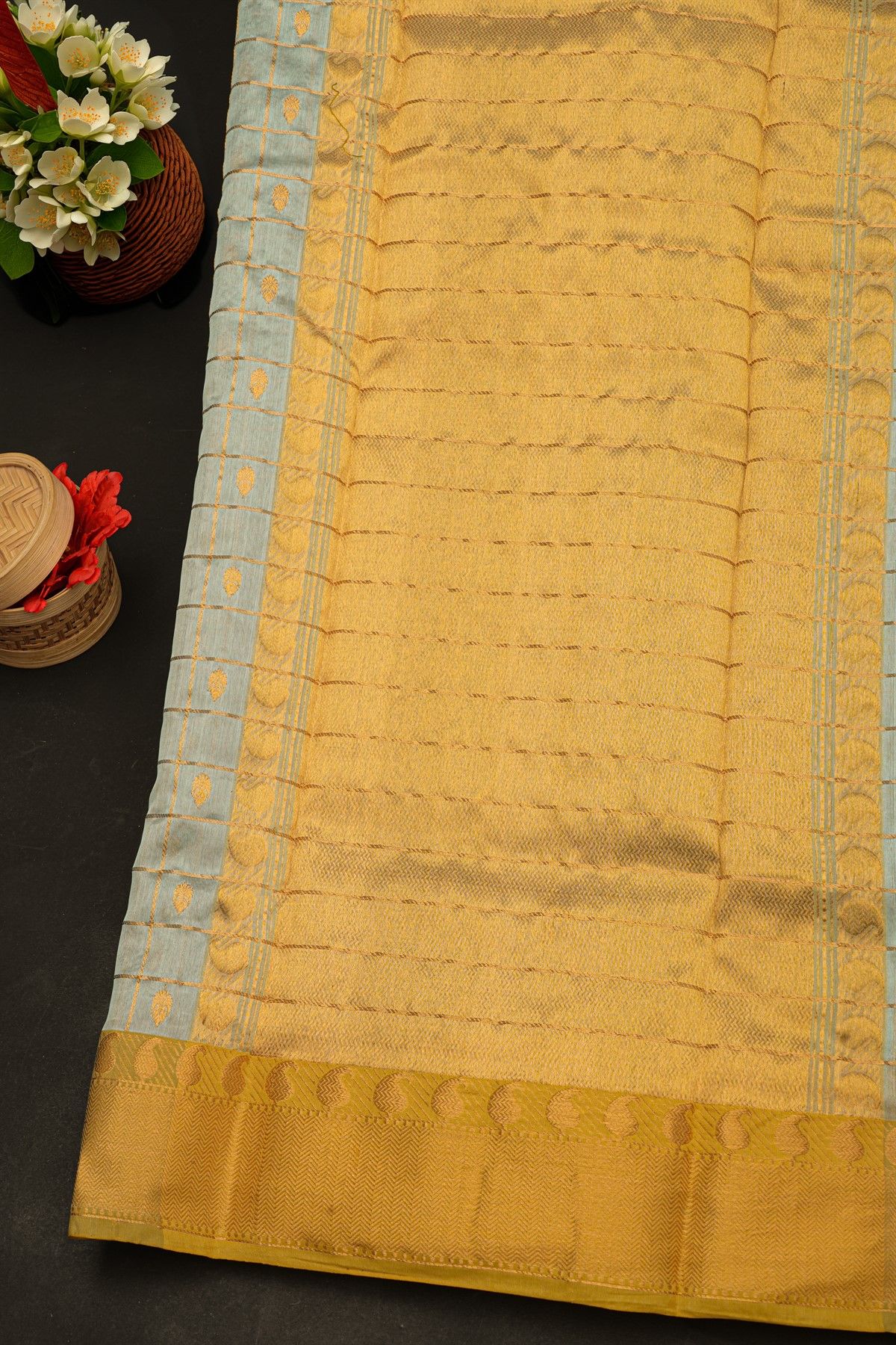 Chanderi Silk Dual Colour Saree With All Over Zari Checks And Floral Butti Body