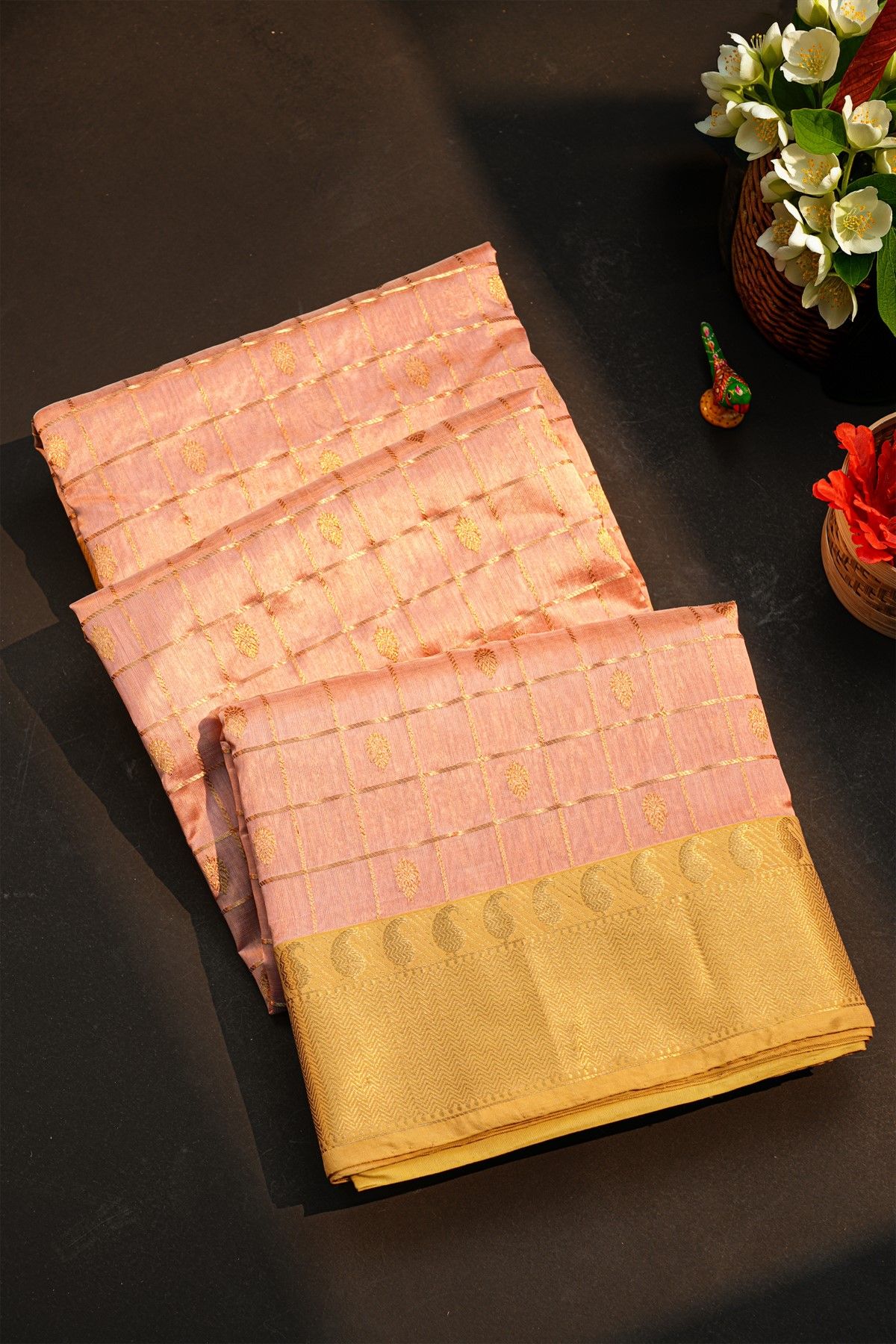 Chanderi Silk Baby Pink Saree With All Over Zari Checks And Floral Butti Body