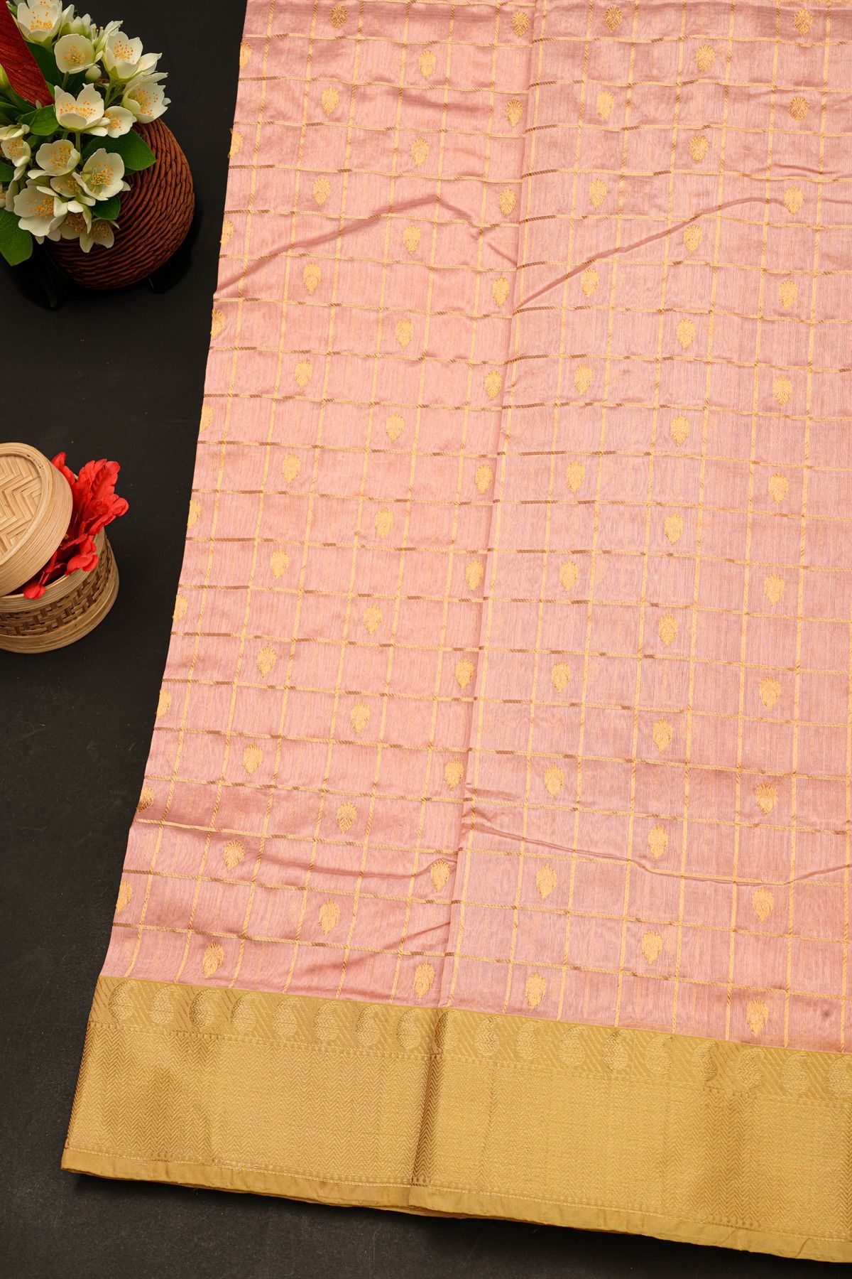 Chanderi Silk Baby Pink Saree With All Over Zari Checks And Floral Butti Body