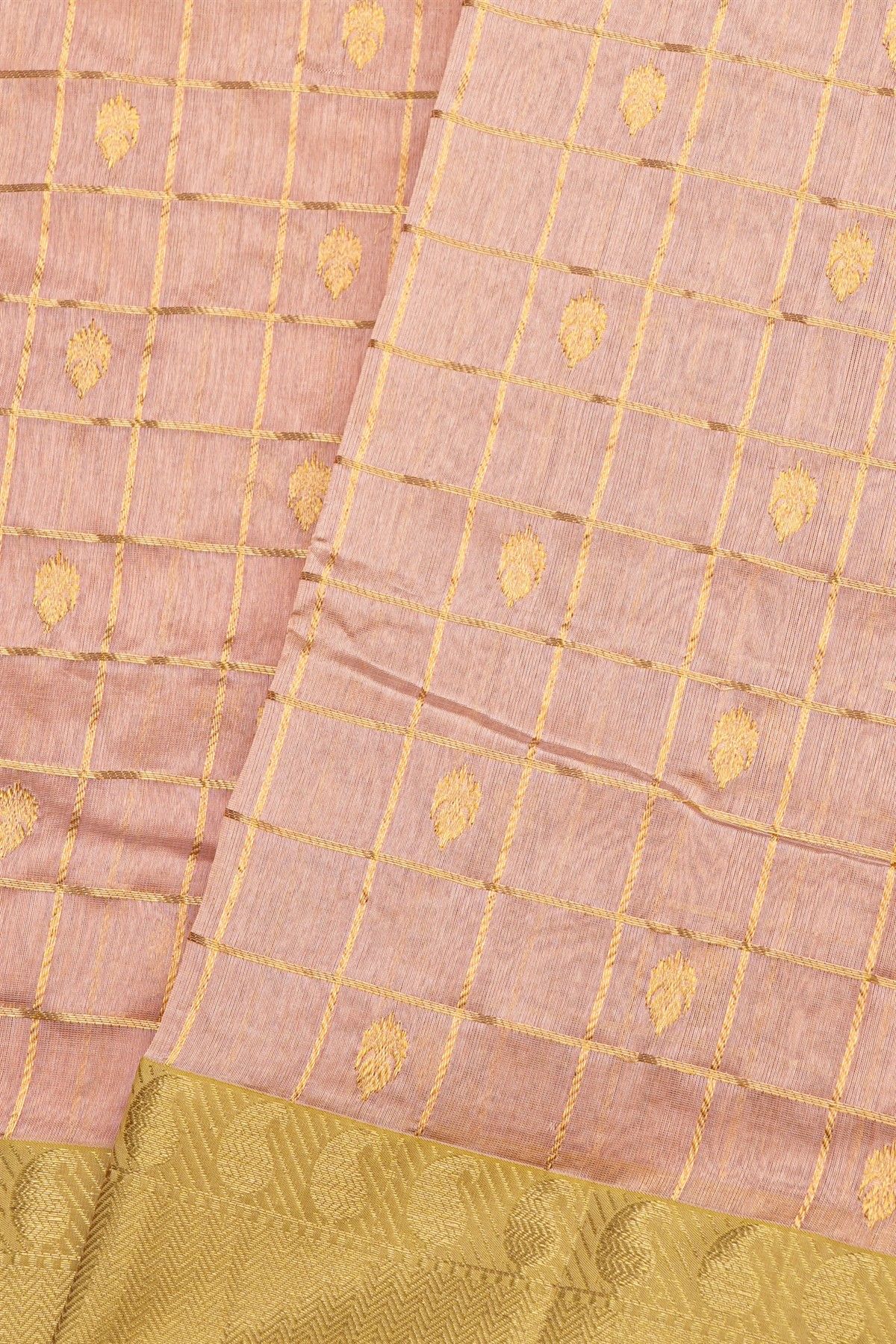 Chanderi Silk Baby Pink Saree With All Over Zari Checks And Floral Butti Body
