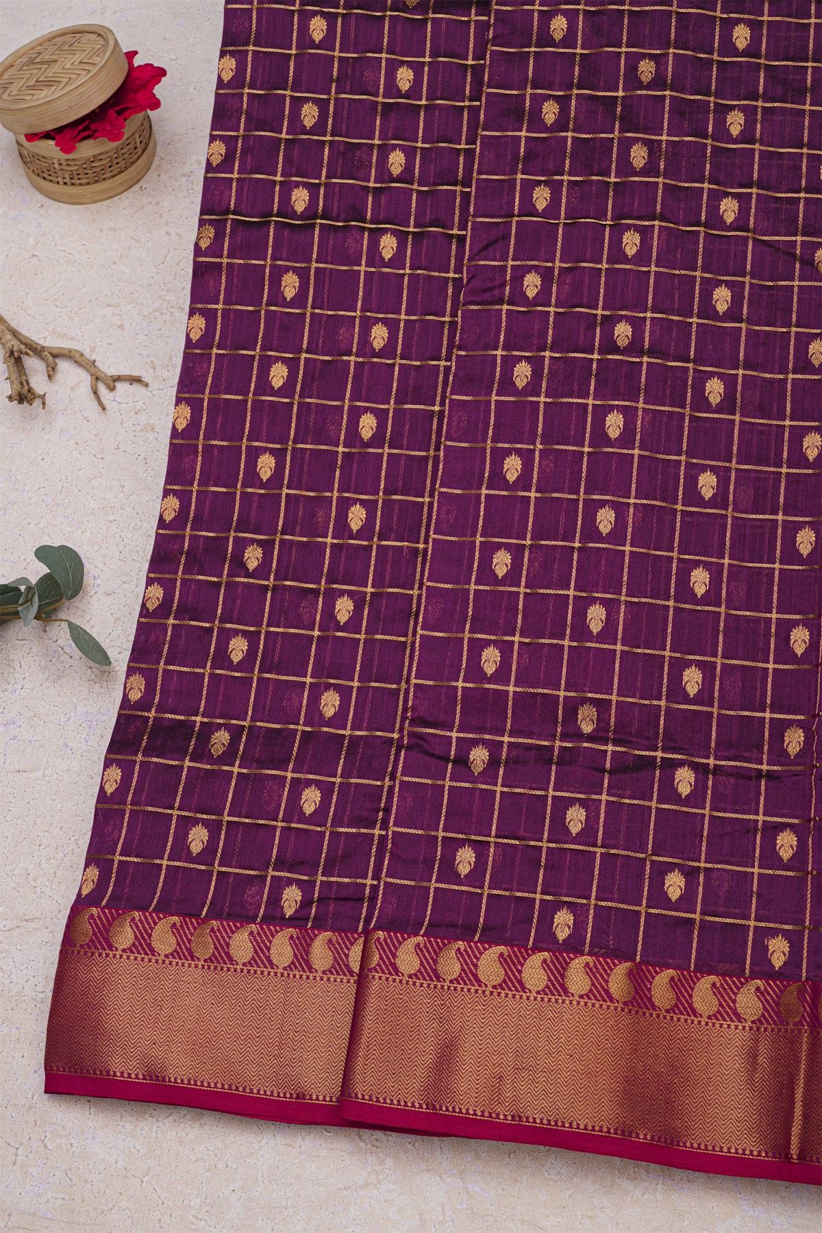 Chanderi Silk Purple Saree With Cross Lines Paisleys Border