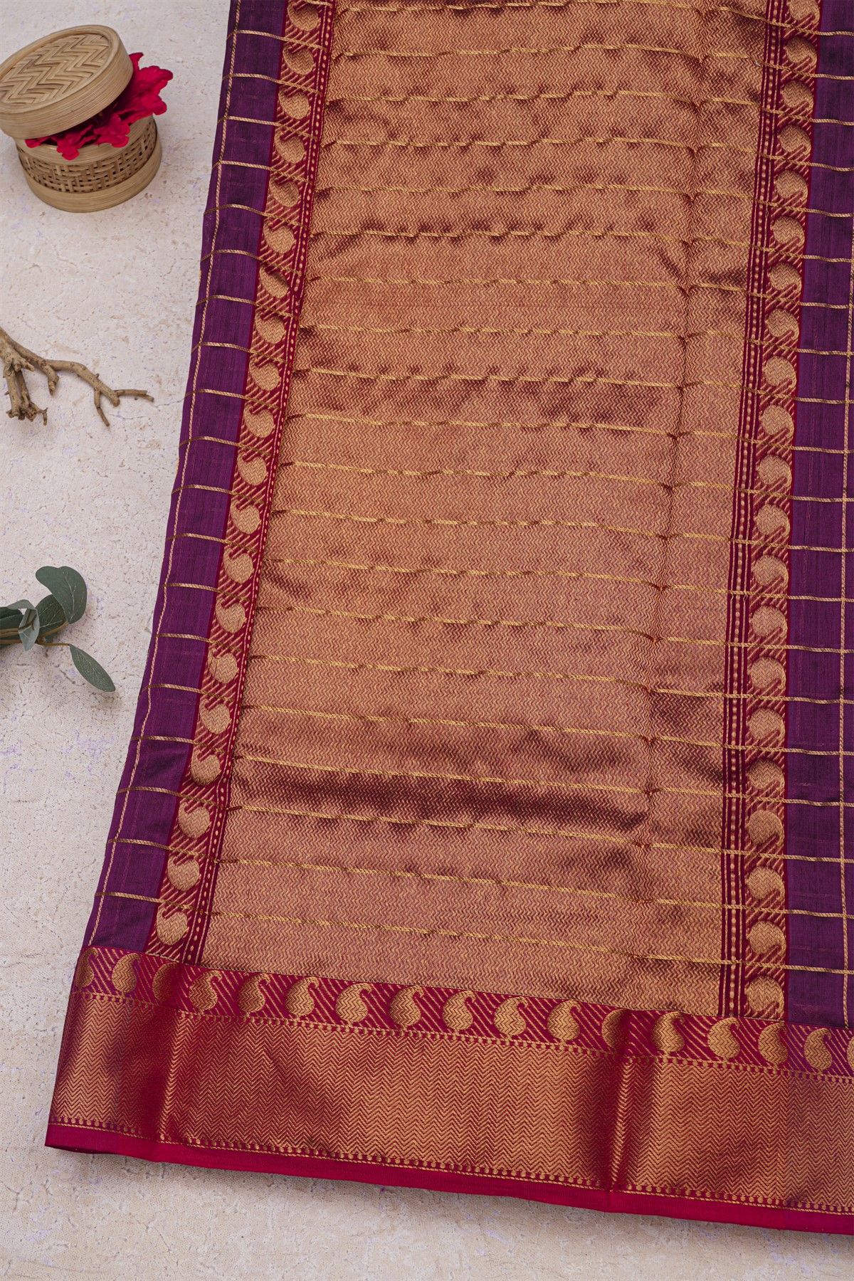 Chanderi Silk Purple Saree With Cross Lines Paisleys Border