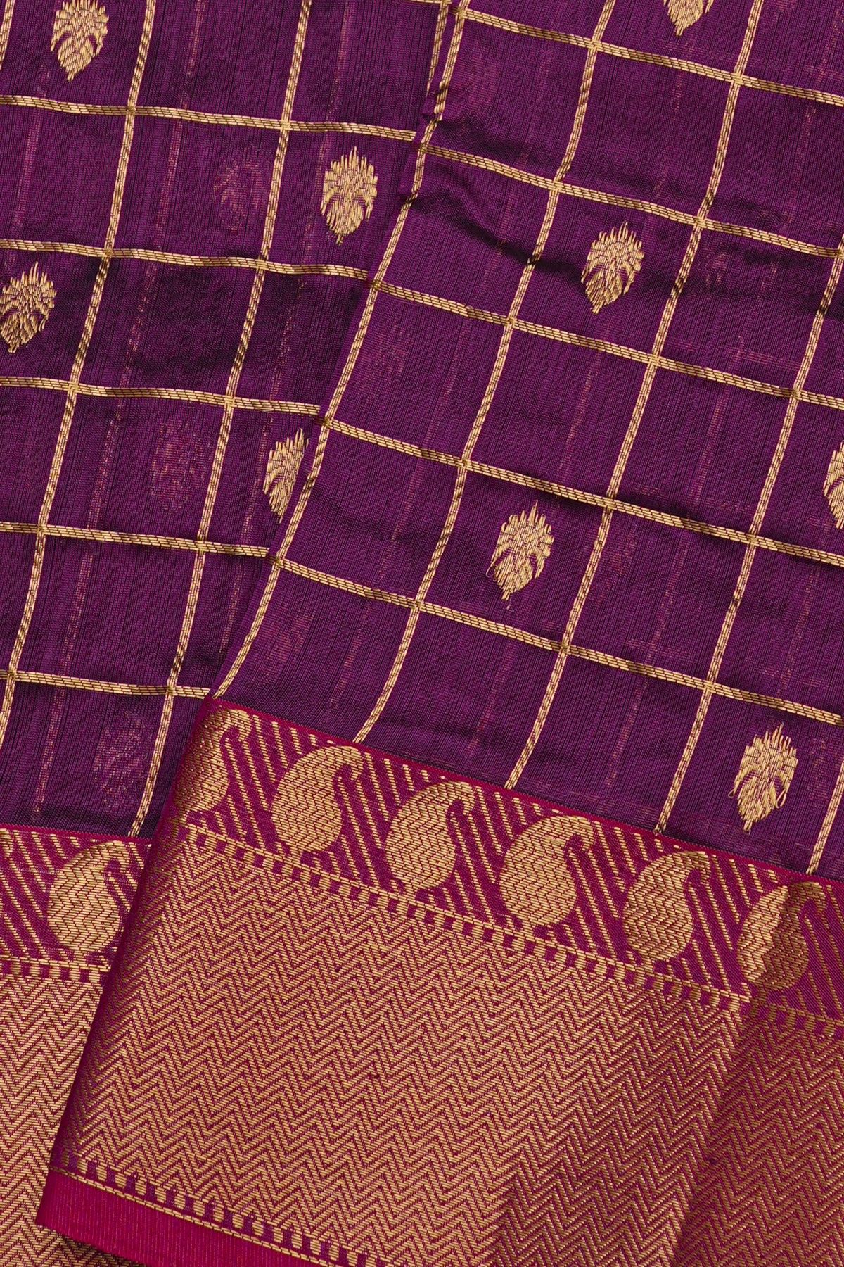Chanderi Silk Purple Saree With Cross Lines Paisleys Border