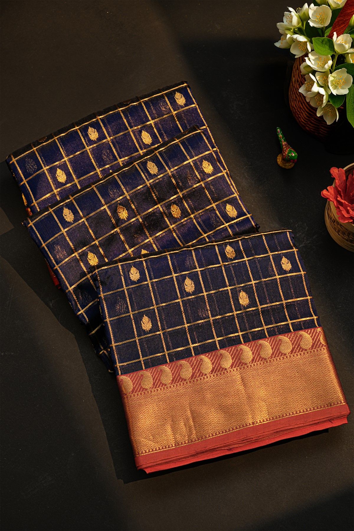 Chanderi Silk Royal Blue Saree With Paisley And Zig-Zag Lines Border
