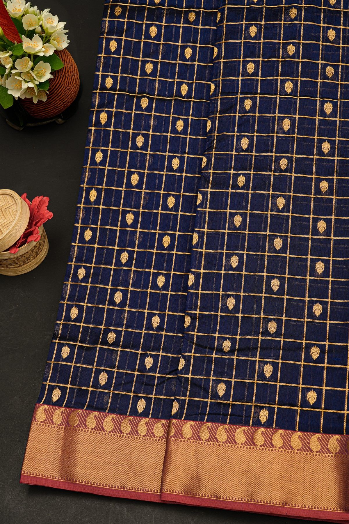 Chanderi Silk Royal Blue Saree With Paisley And Zig-Zag Lines Border