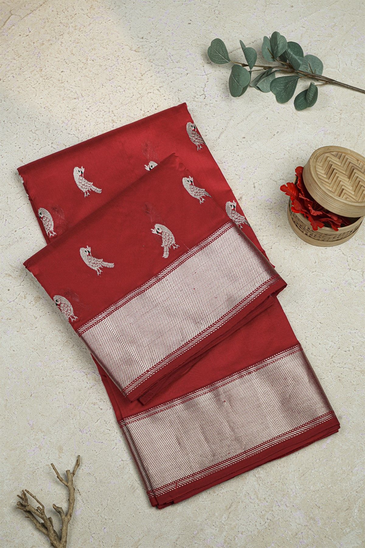 Chanderi Silk Maroon Saree With Bird Buttis Body