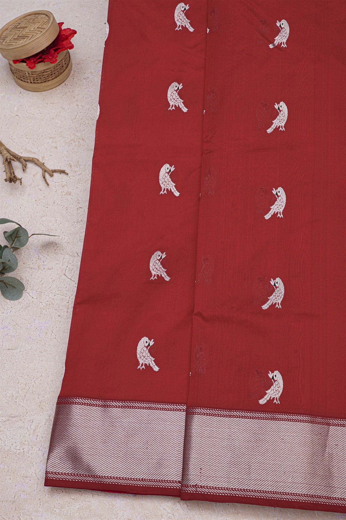 Chanderi Silk Maroon Saree With Bird Buttis Body