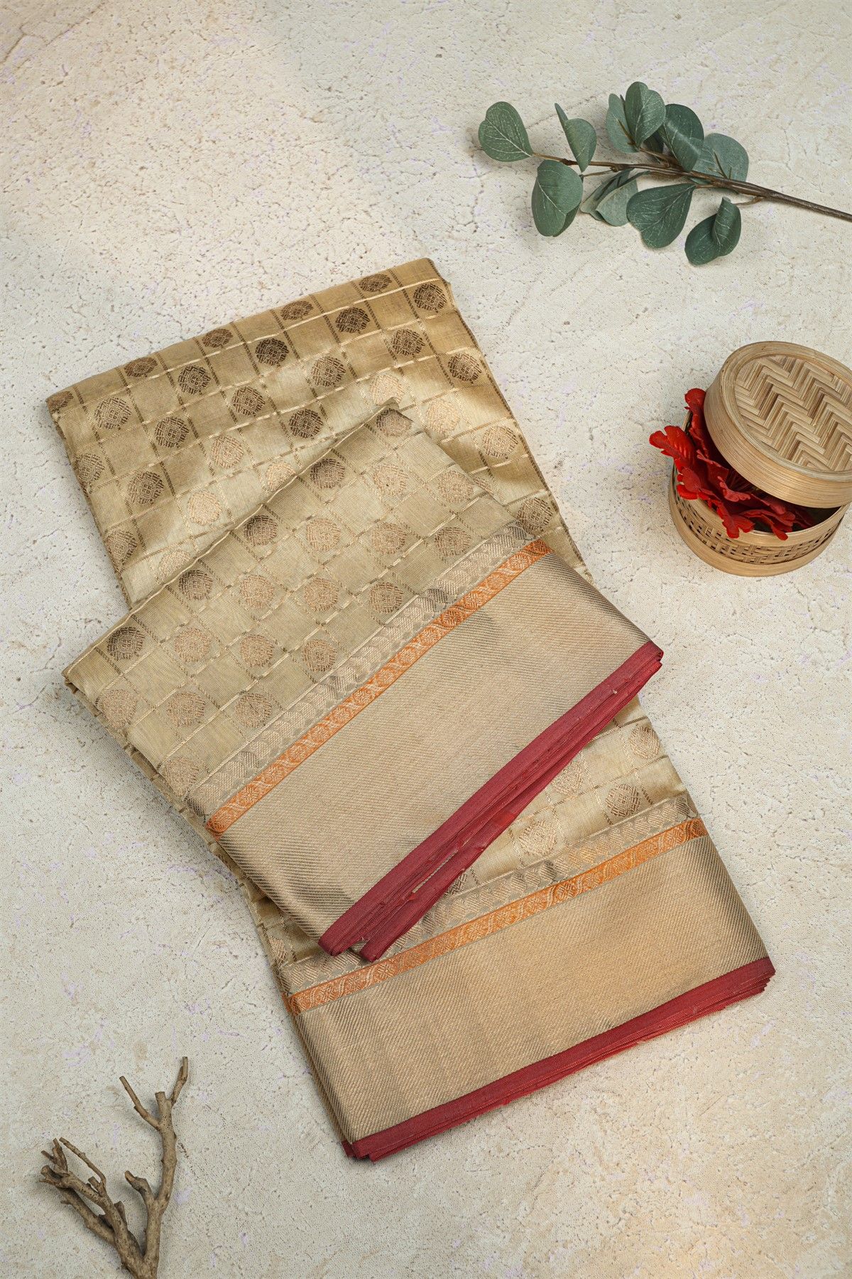 Chanderi Silk Cream Saree With Kaddi Border