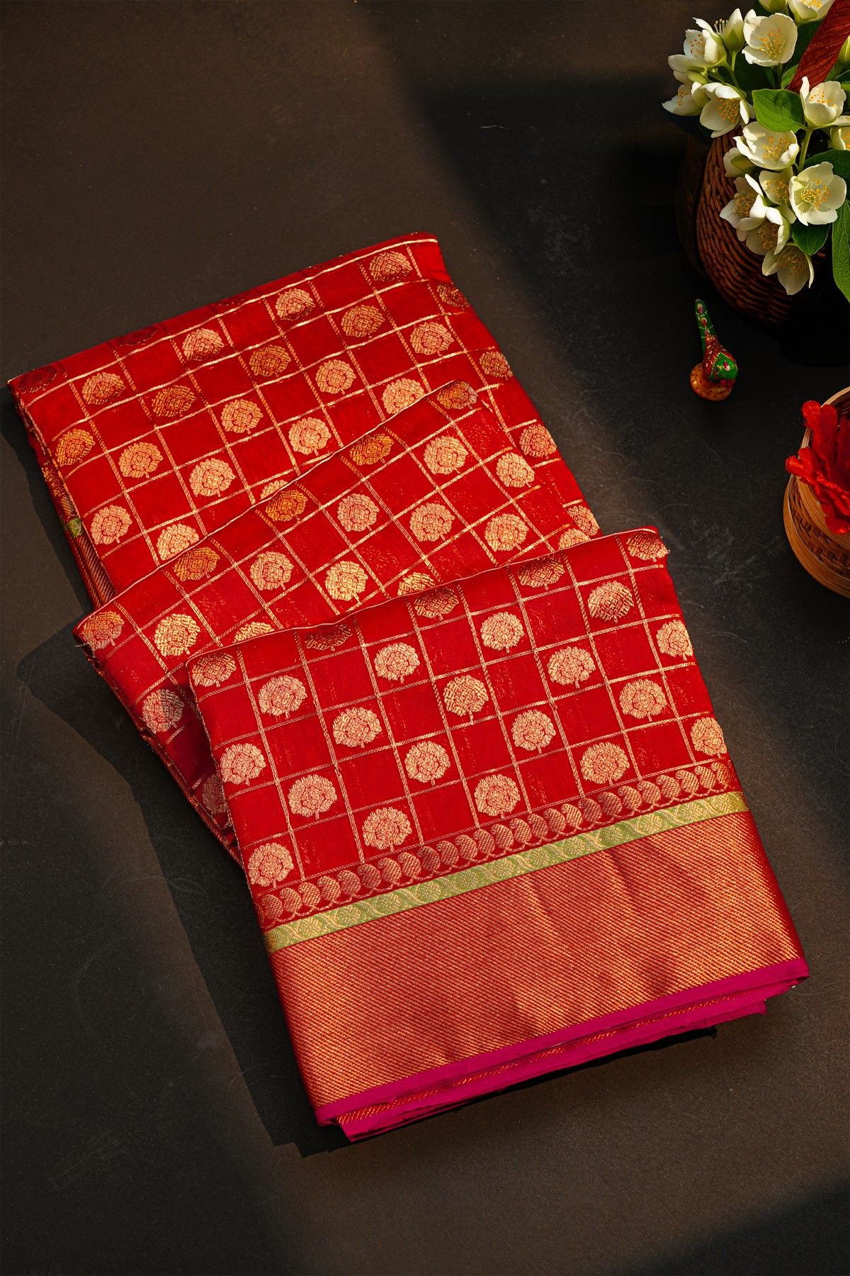 Chanderi Silk Red Saree With Zari Checks And Floral Butti Body