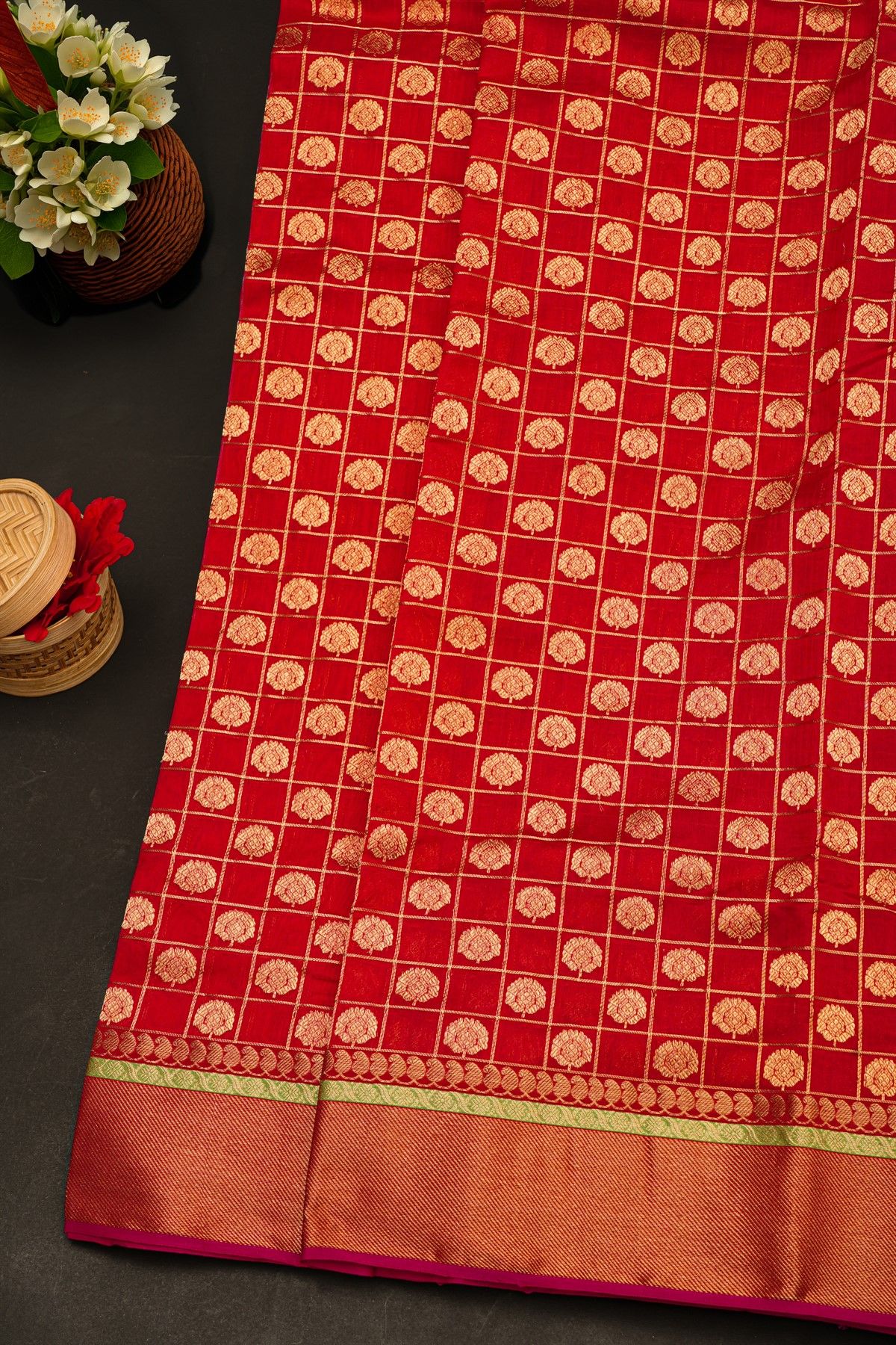Chanderi Silk Red Saree With Zari Checks And Floral Butti Body