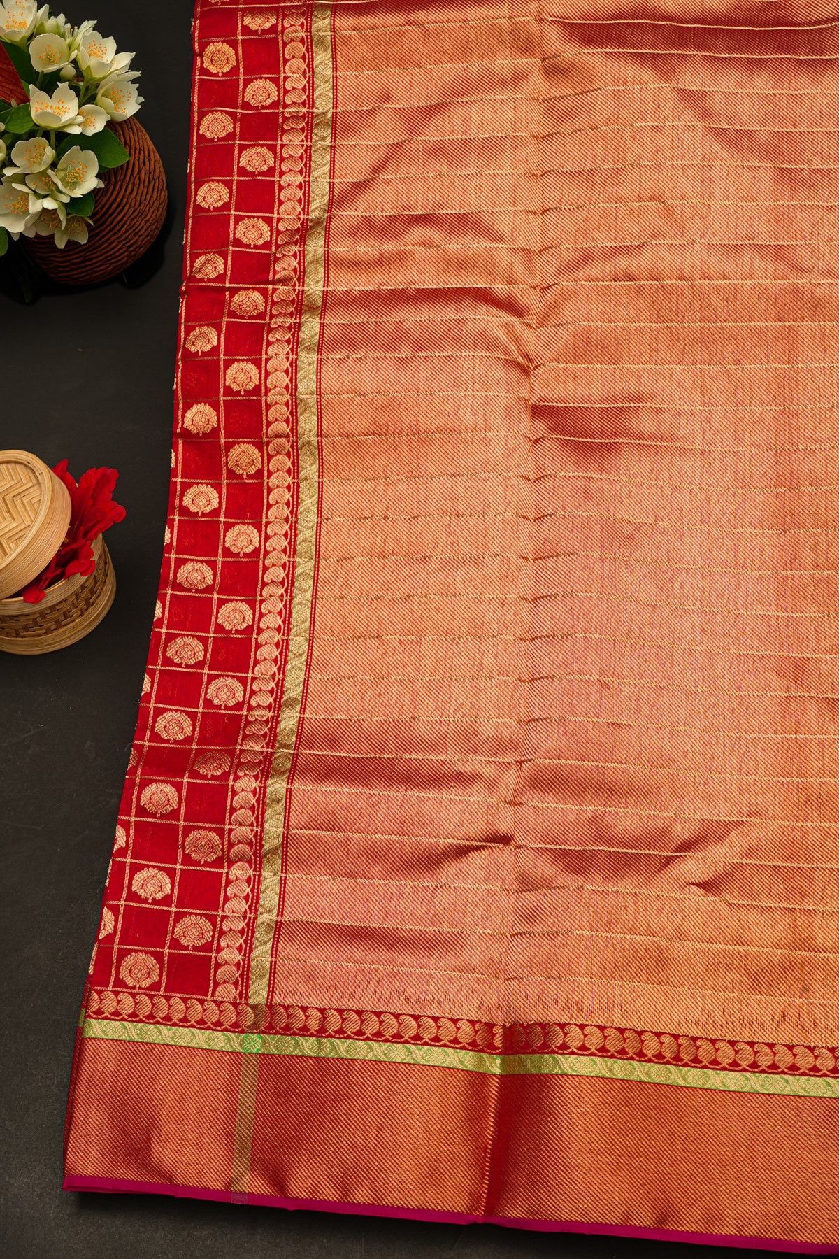 Chanderi Silk Red Saree With Zari Checks And Floral Butti Body