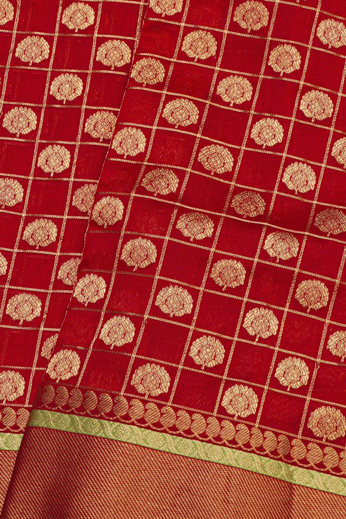 Chanderi Silk Red Saree With Zari Checks And Floral Butti Body