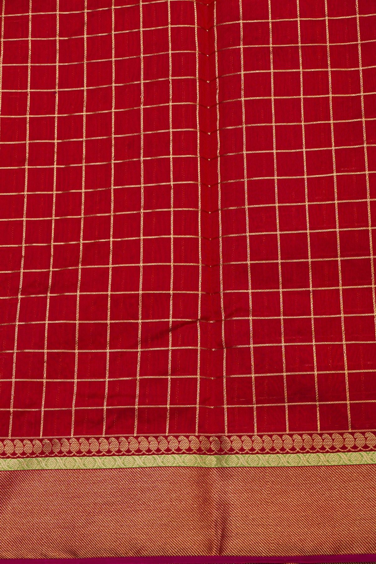 Chanderi Silk Red Saree With Zari Checks And Floral Butti Body
