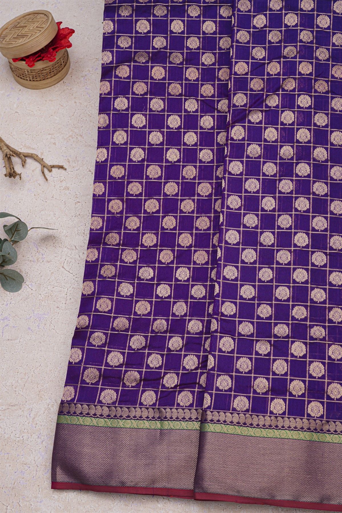 Chanderi Silk Navy Blue Saree With Cross Lines Border