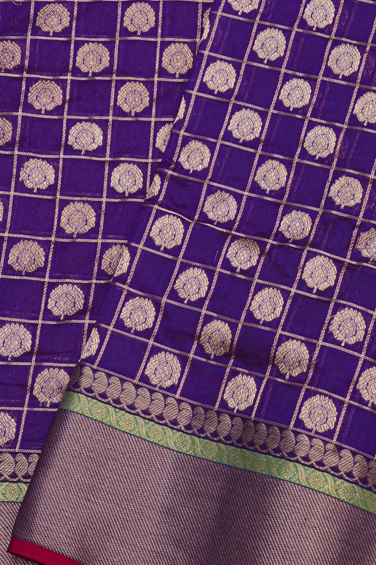 Chanderi Silk Navy Blue Saree With Cross Lines Border
