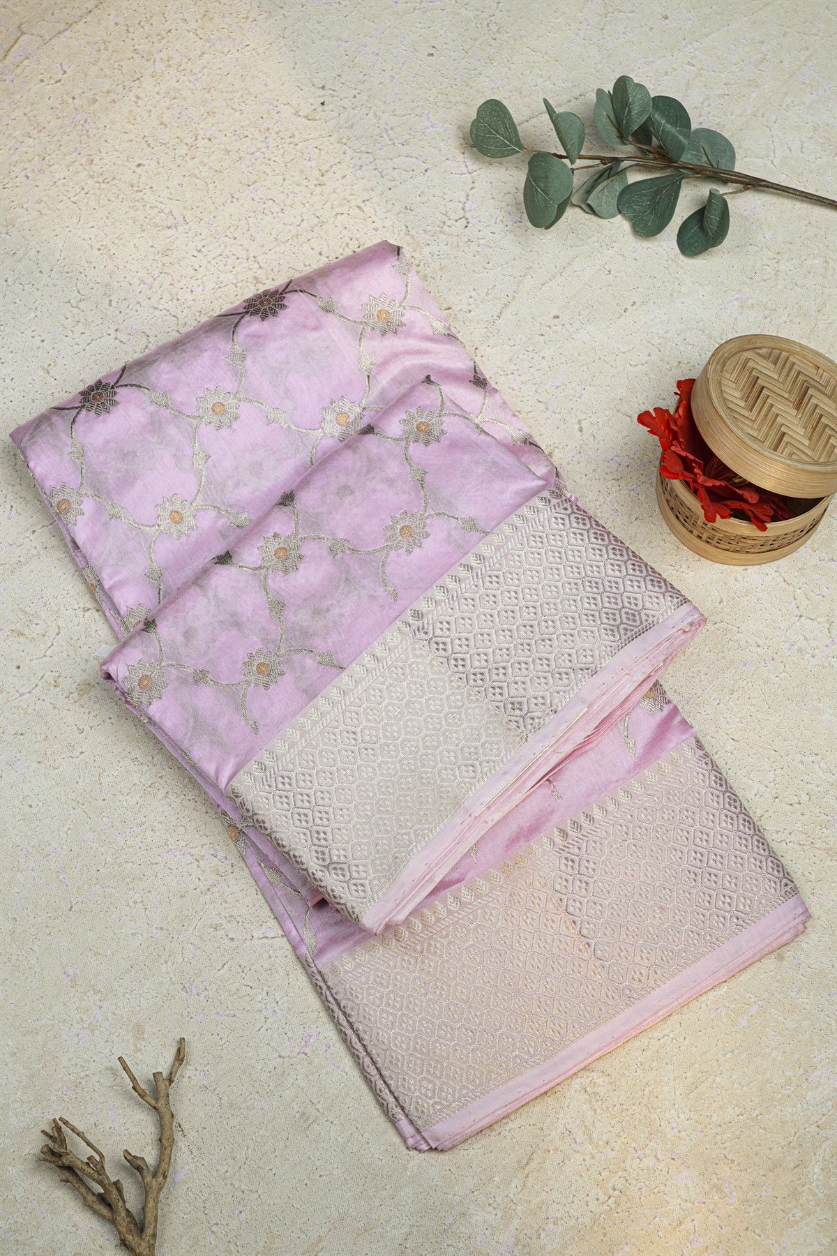 Chanderi Silk Lavender Saree With Florals In Cross Checks Border