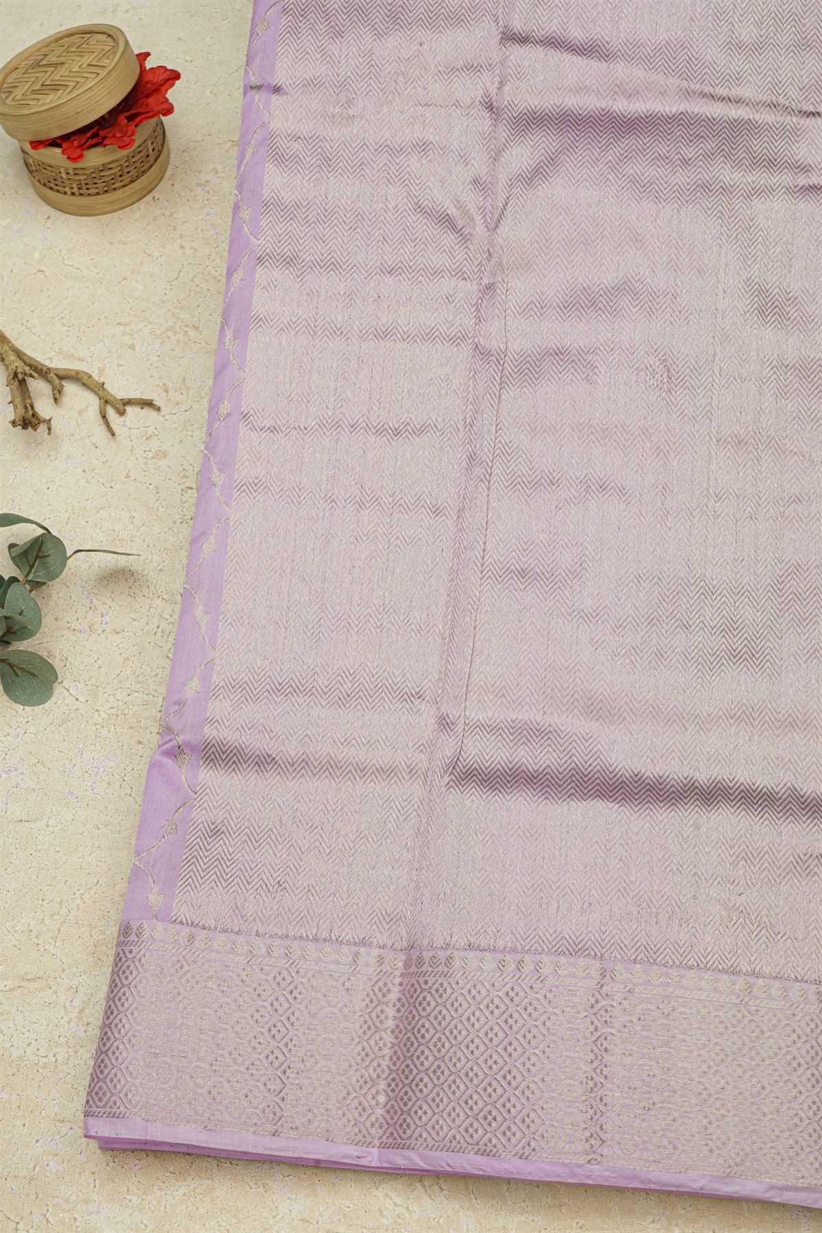 Chanderi Silk Lavender Saree With Florals In Cross Checks Border