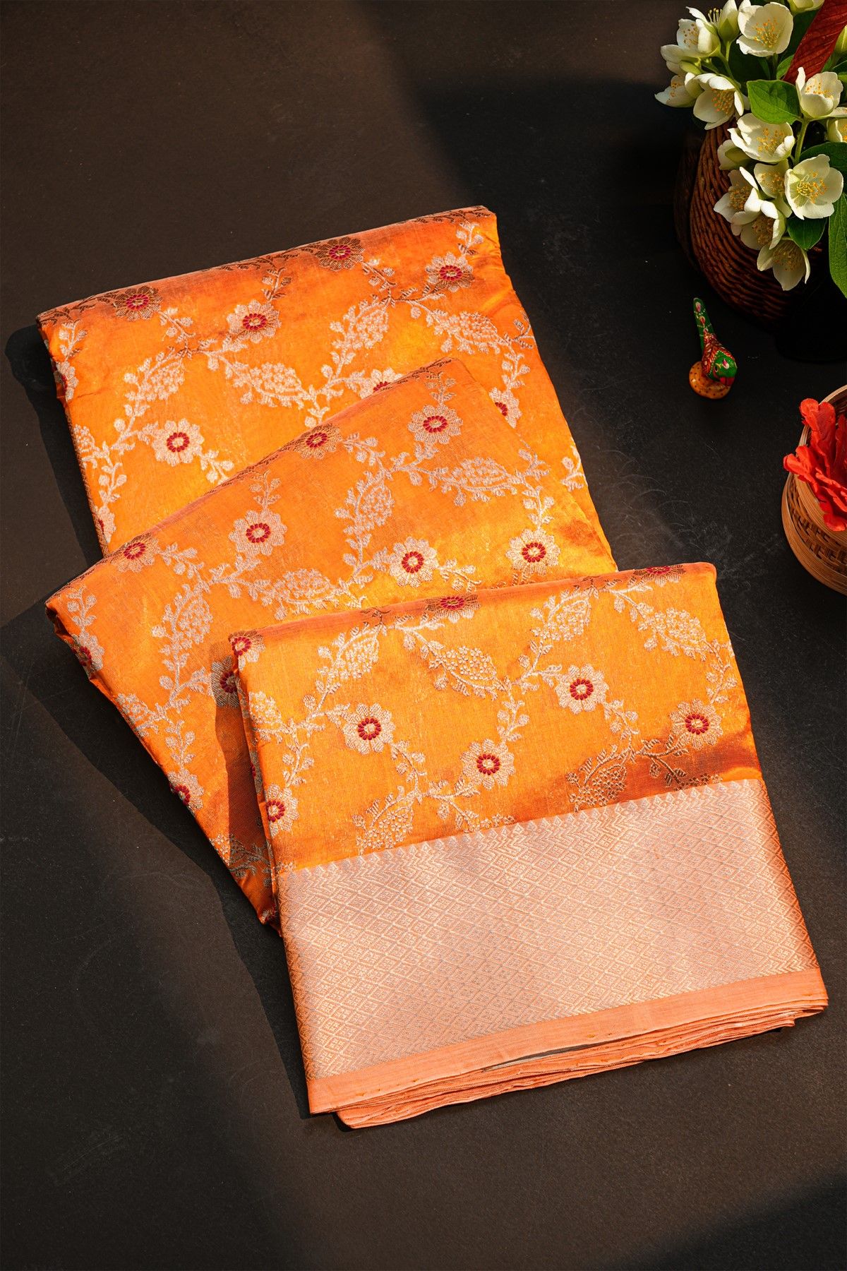 Chanderi Silk Orange Saree With Floral And Leaf Jaal Body