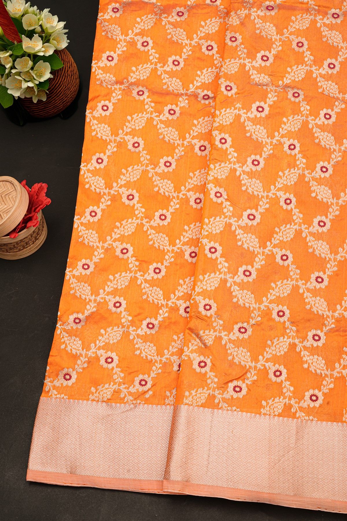 Chanderi Silk Orange Saree With Floral And Leaf Jaal Body